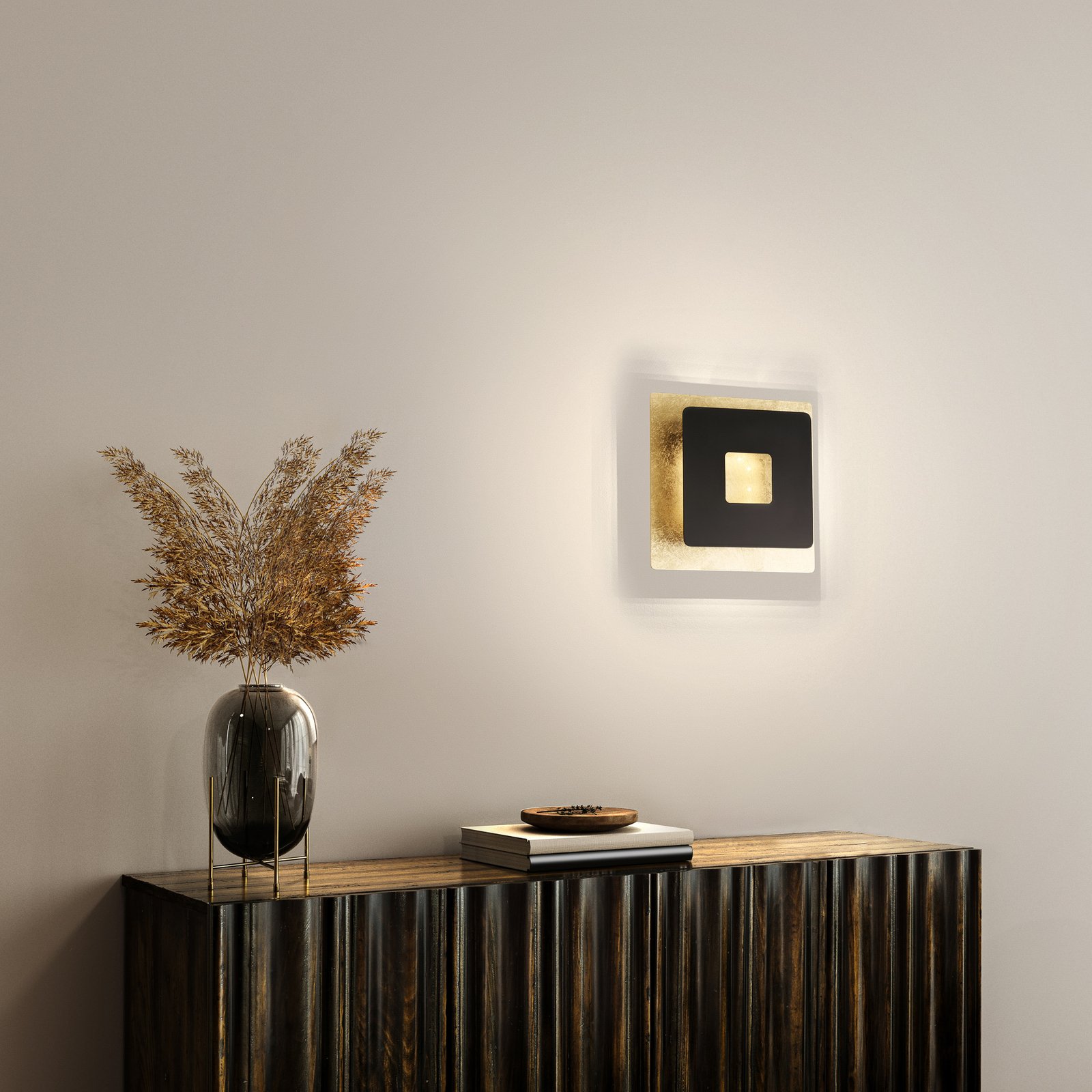 Candeeiro de parede LED Hennes, 18x18cm, folha de ouro/preto