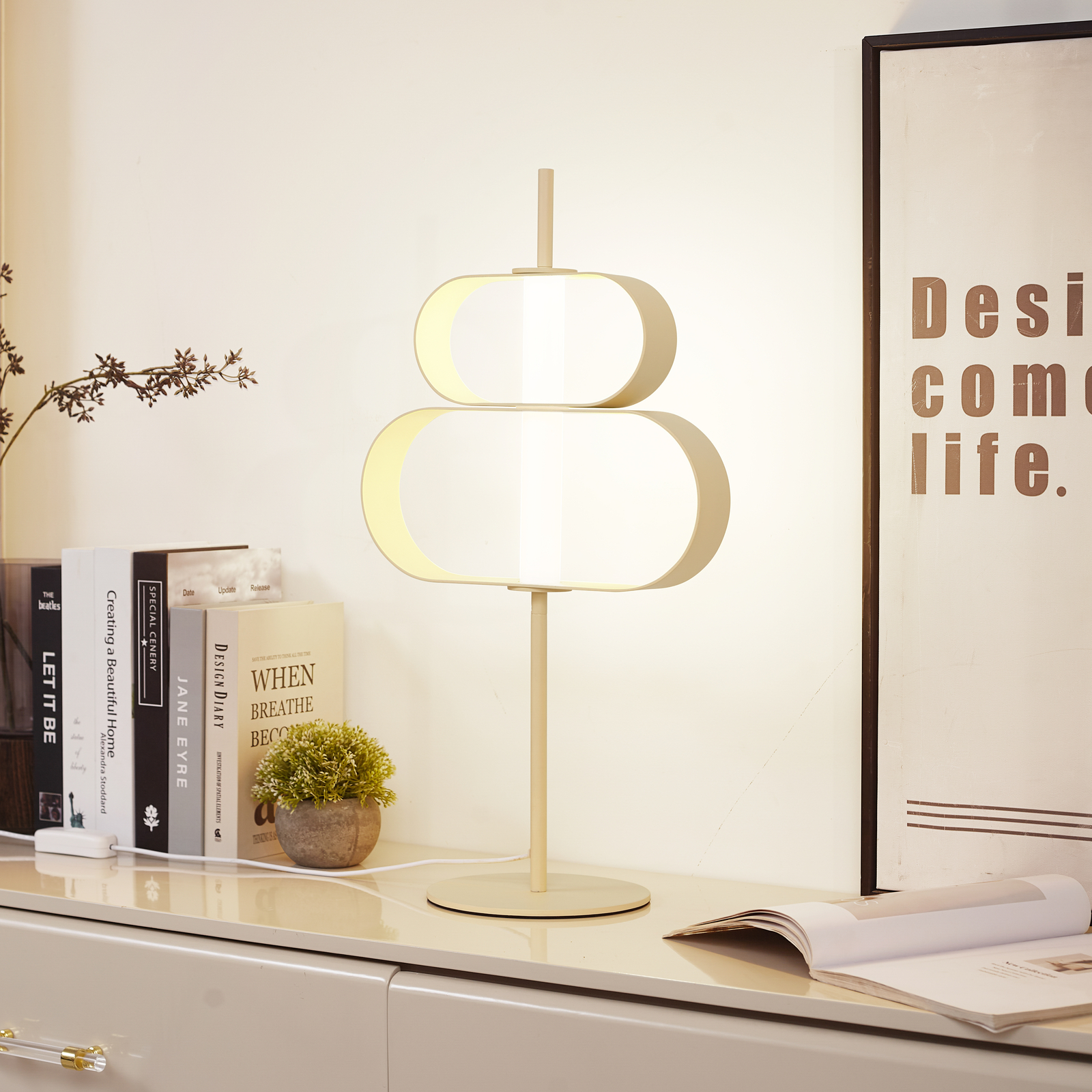 Lucande LED galda lampa Audrina, smilškrāsas krāsā, metāls, aptumšojama