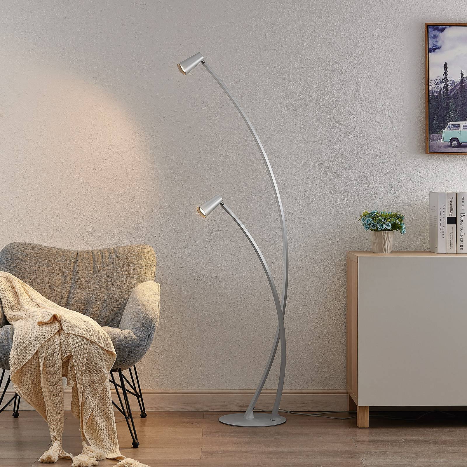 Lucande Velanoris floor lamp, 2-bulb, brushed aluminium