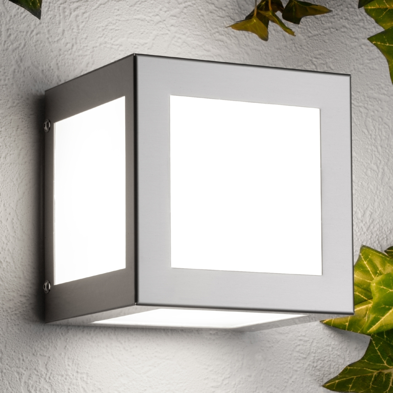 CMD Cubic outdoor wall light Cubo matt stainless steel, Stainless steel, glass, E27, 75 W, energy efficiency: A++, W: 16 cm, H: 16 cm