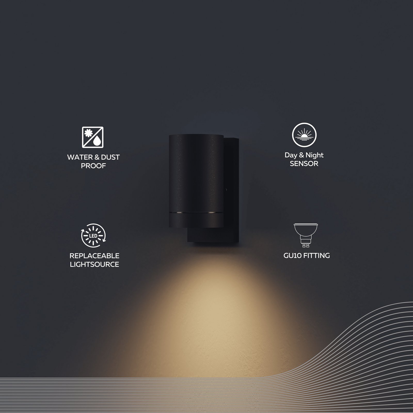 Calex Alba GU10 outdoor wall light, downlight, black, sensor
