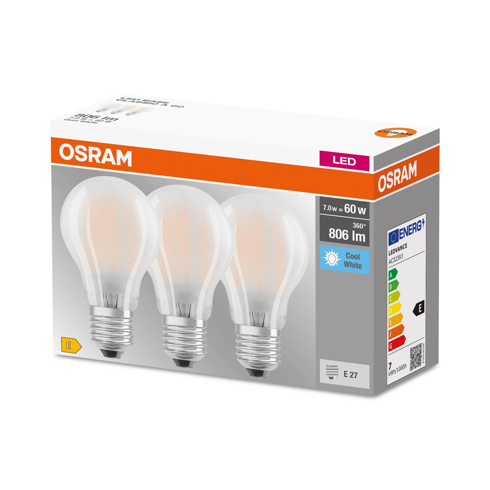 OSRAM żarówka LED E27 Base CL A 7W 4 000 K 3 szt.