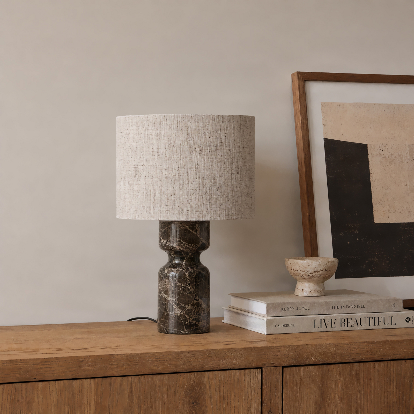 Lampe de table Marcella, hauteur 45 cm, marron/crème, marbre - Lucande