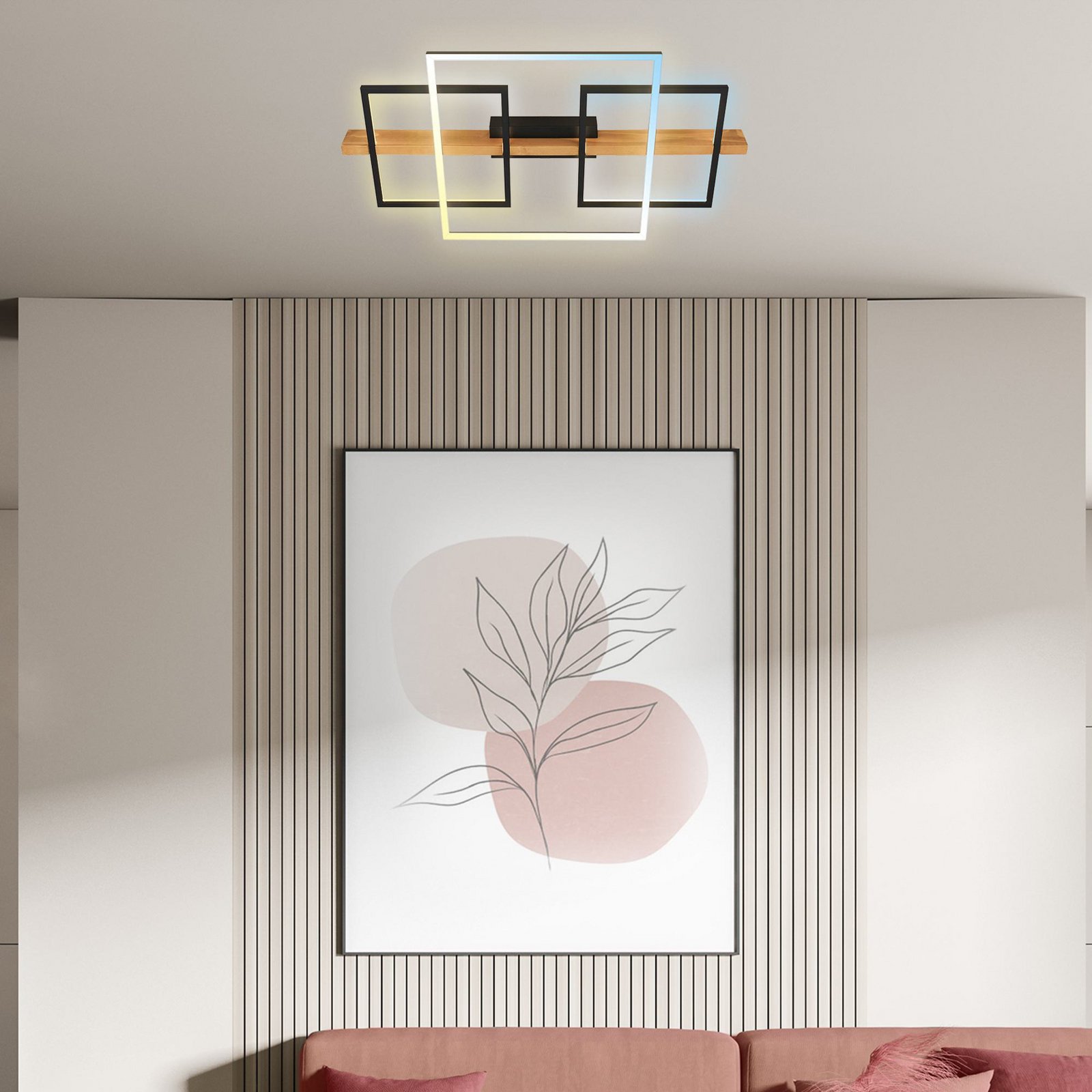 Cadre LED ceiling light, CCT, 75 cm, black, wood
