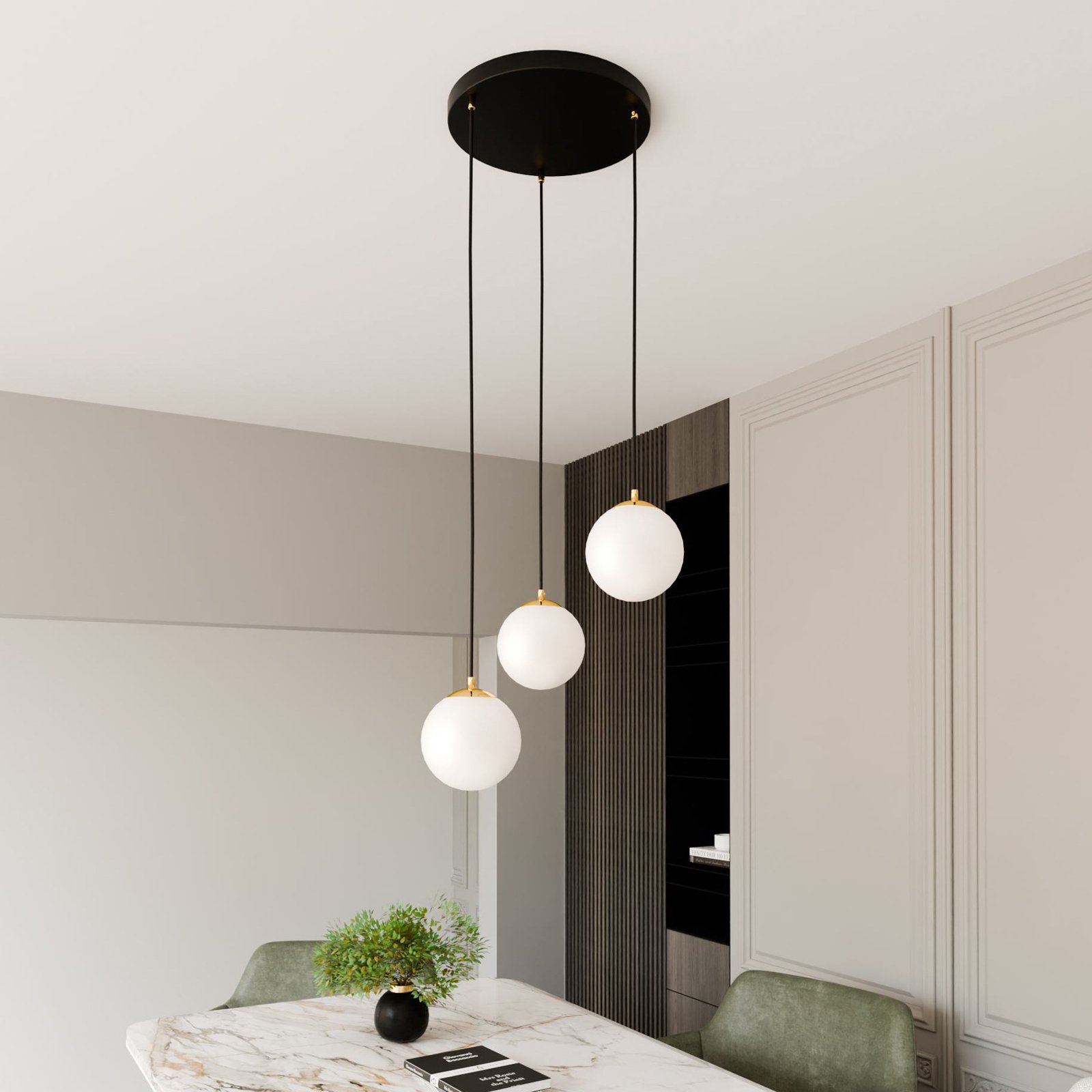 Royal pendant light, 3-bulb, opal white/black, glass, E14