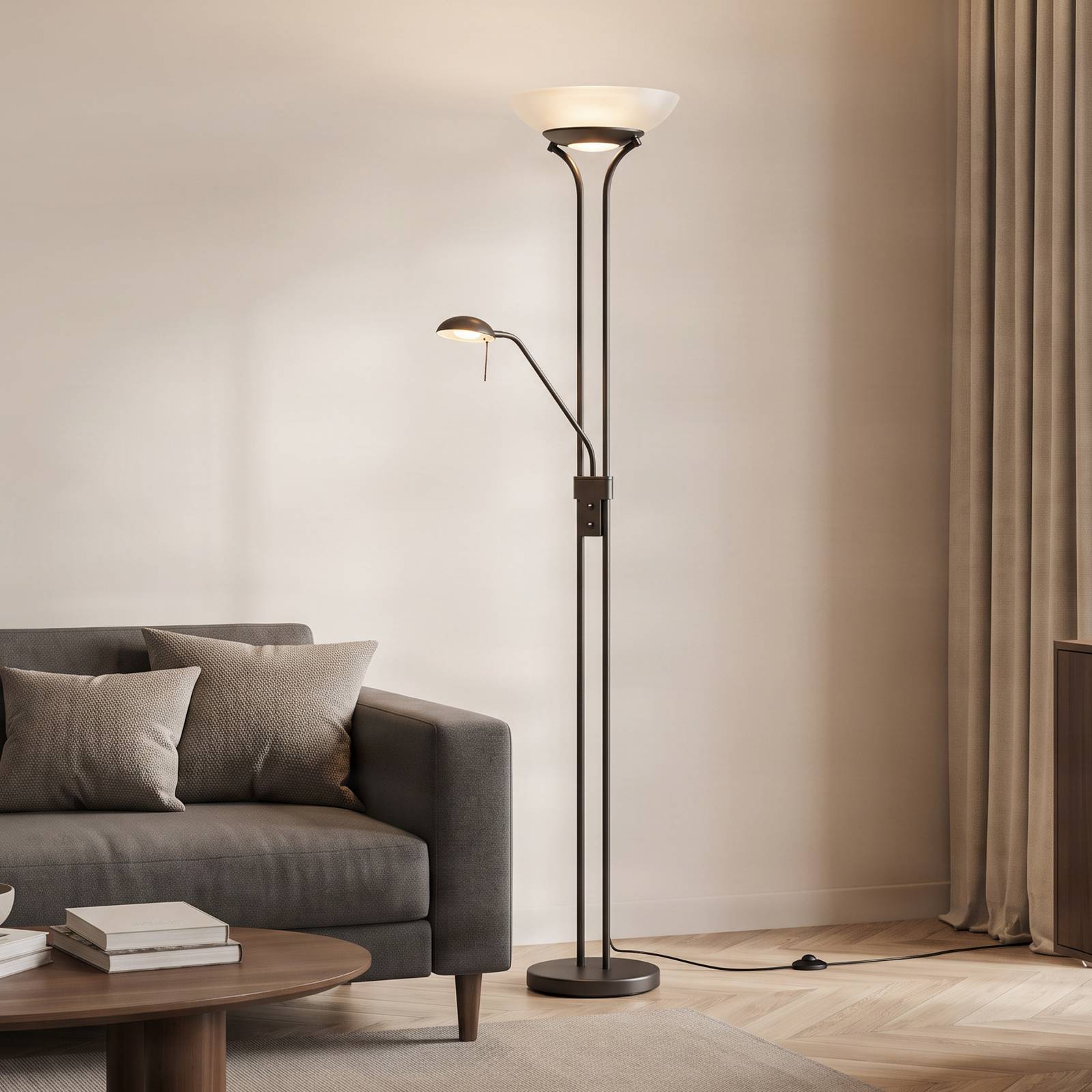 Lampa stojąca LED Lindby Yveta, w kolorze rdzy, lampka do czytania, ściemniana