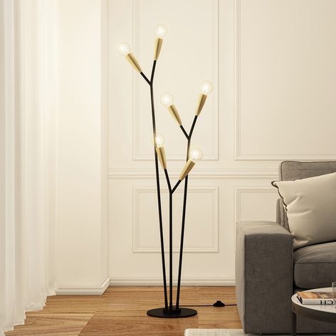 Lucande Carlea gulvlampe, 6 lysk., svart messing