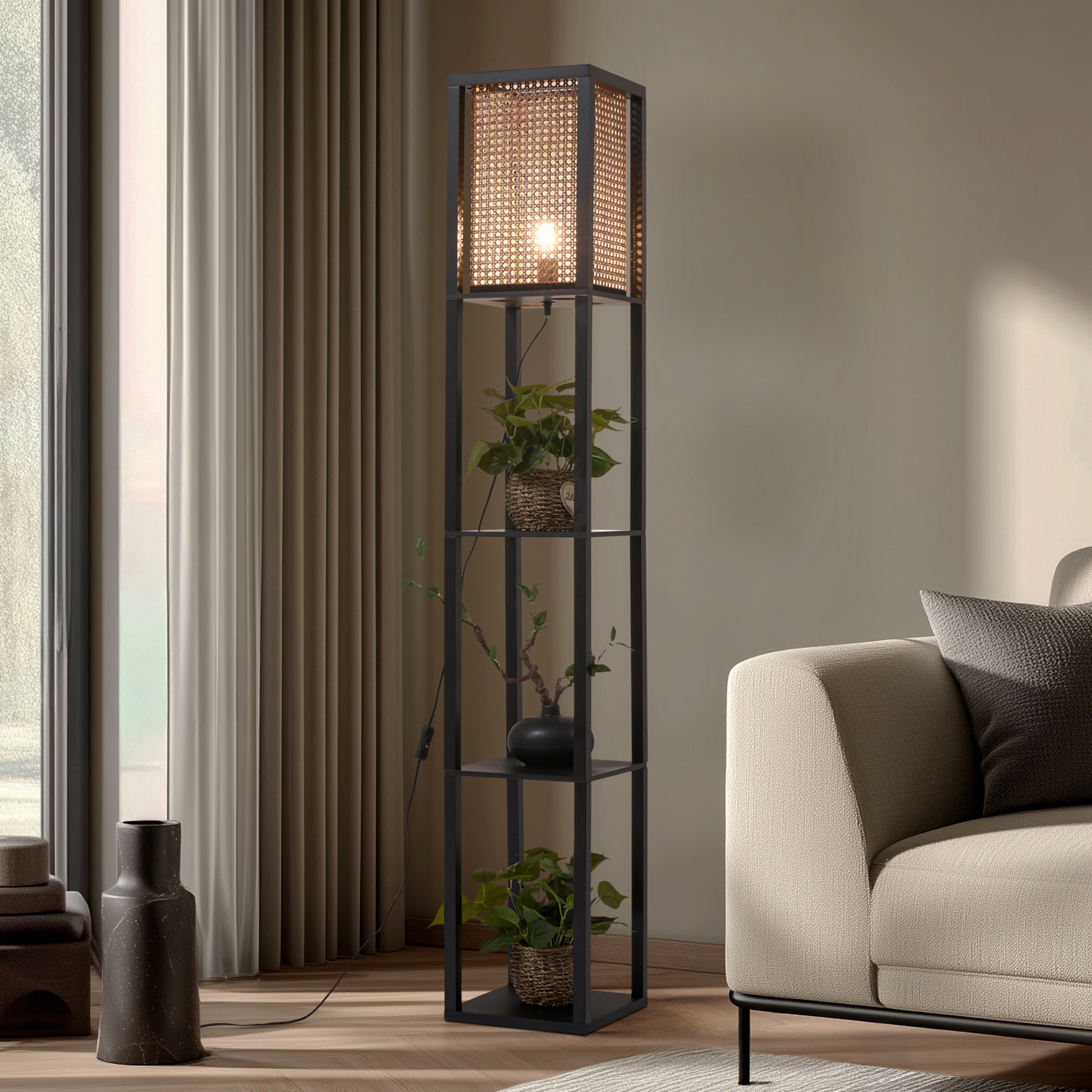 Lindby Stehleuchte Birta, schwarz/natur, Regal, Rattan