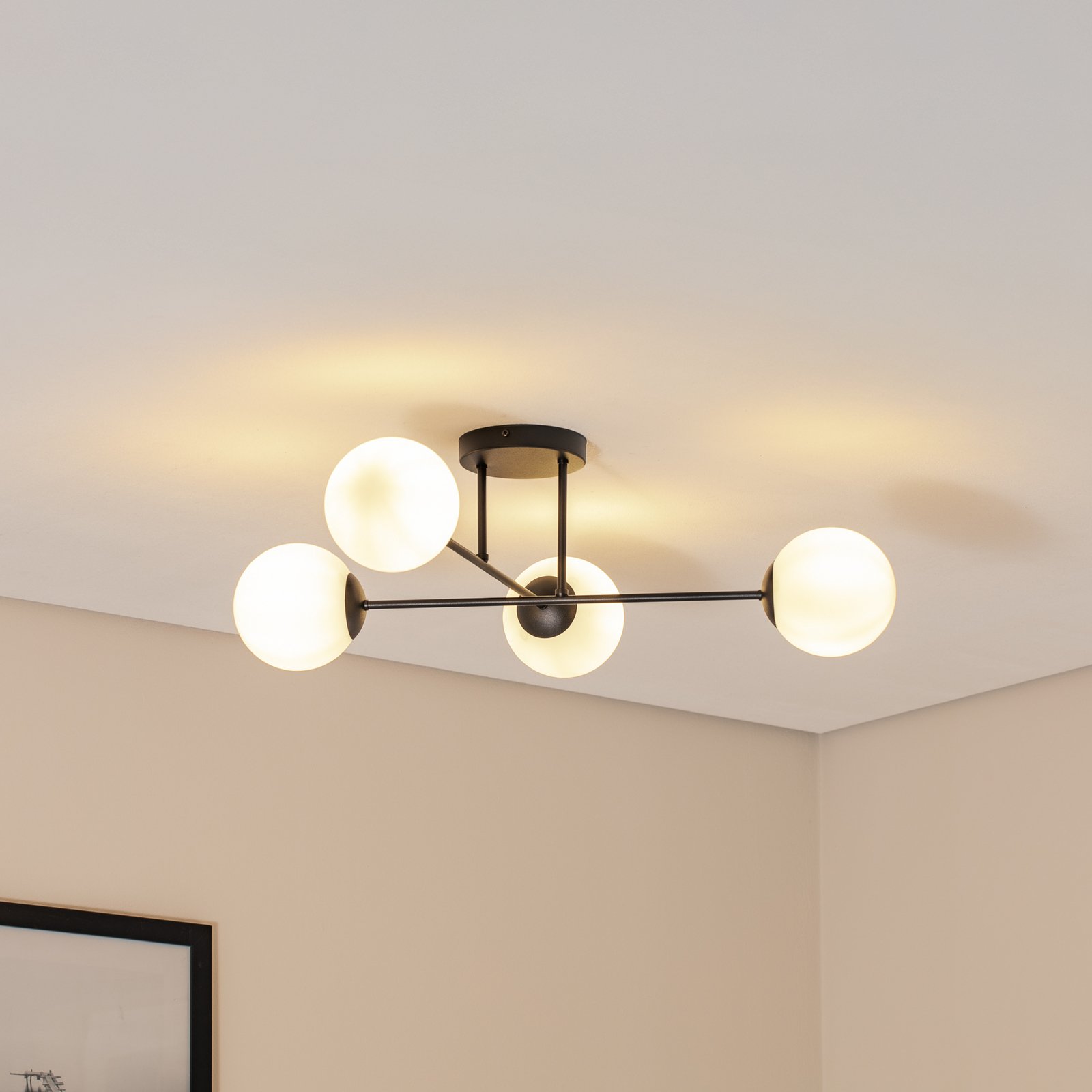 Glassy ceiling lamp, 4-bulb, crossed, black/opal