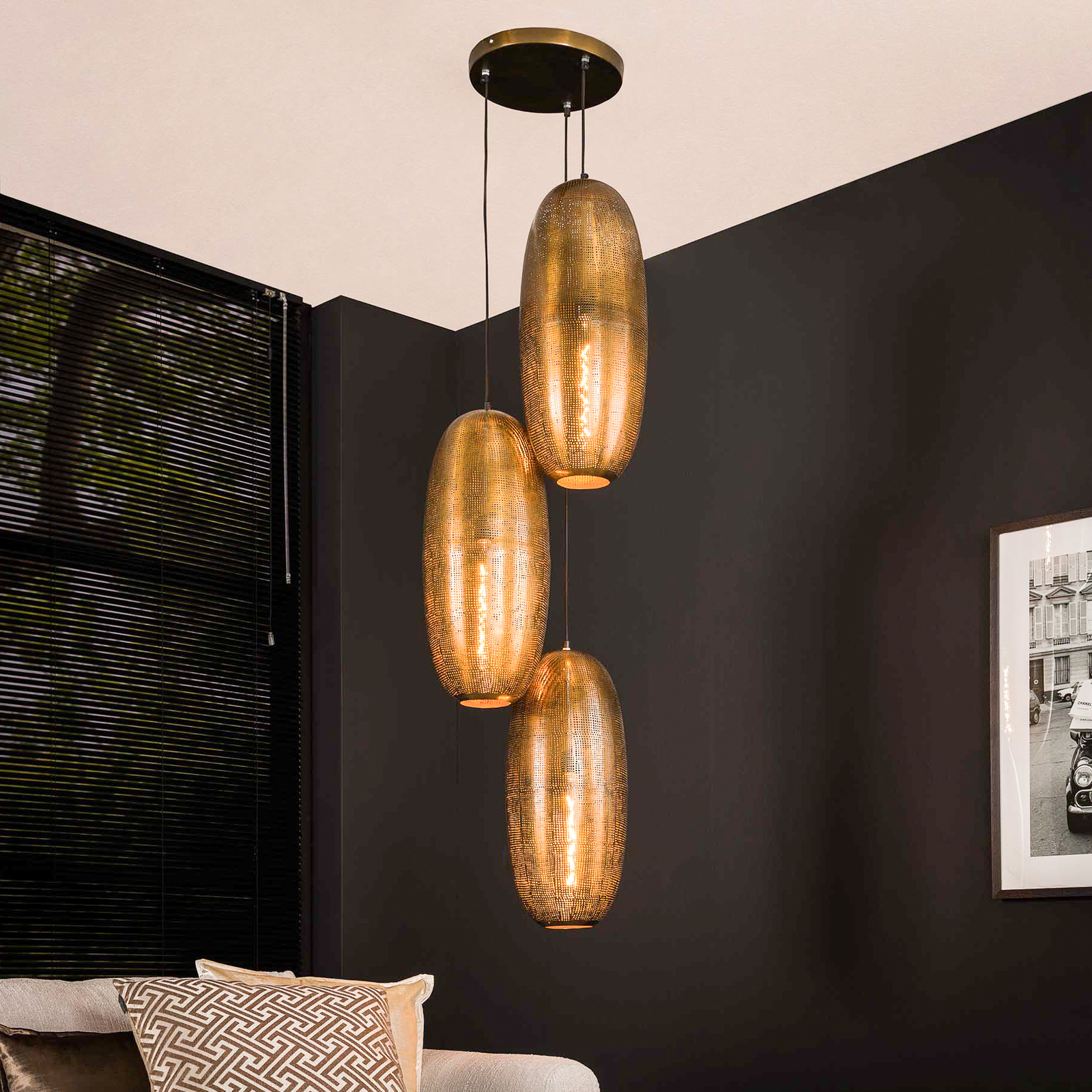 Cosima hanglamp, 3-lamps, getrapt, antiek bronz