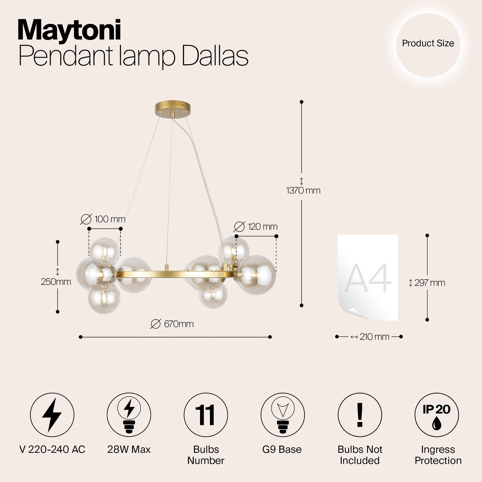 Maytoni suspension Dallas, 11 lampes, doré/ambre