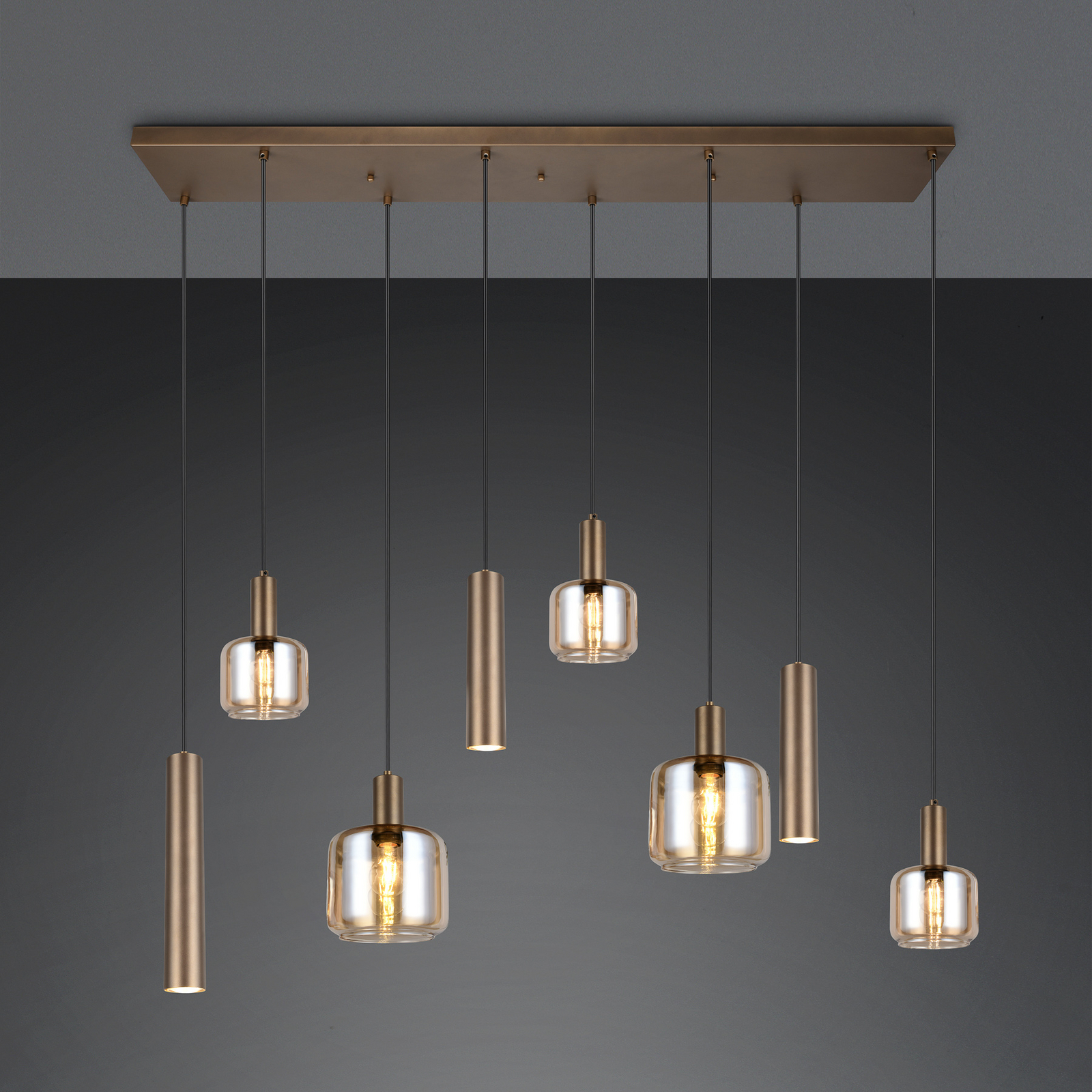 Piekaramā lampa „Mataro“, platīna krāsā, 118 cm, 8-zaru, stikls/metāls Piekaramā lampa „Mataro“, platīna krāsā, 118 cm, 8-zaru, stikls/metāls