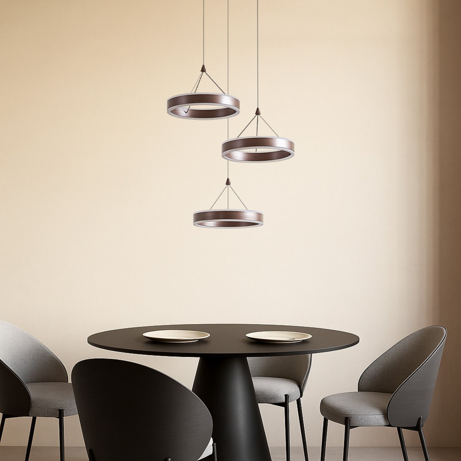 Lucande LED-Hängeleuchte Kolo, braun, 3-flg., dimmbar