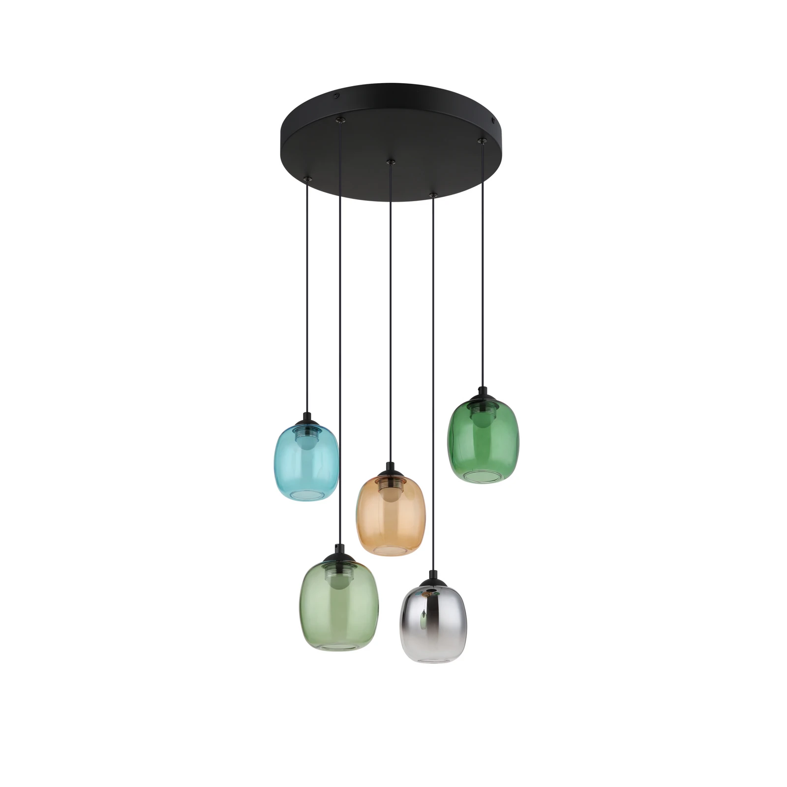 LED-riippvalgusti Minara, 5-lambiline, Ø 43 cm, värviline, klaas