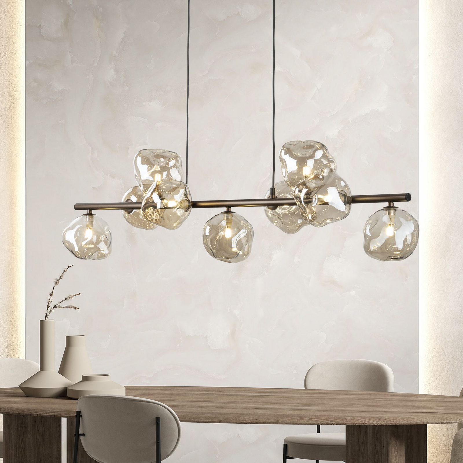 Visoka svetilka Lava, rjava, 9-žarčkov, steklo, dolžina 116 cm