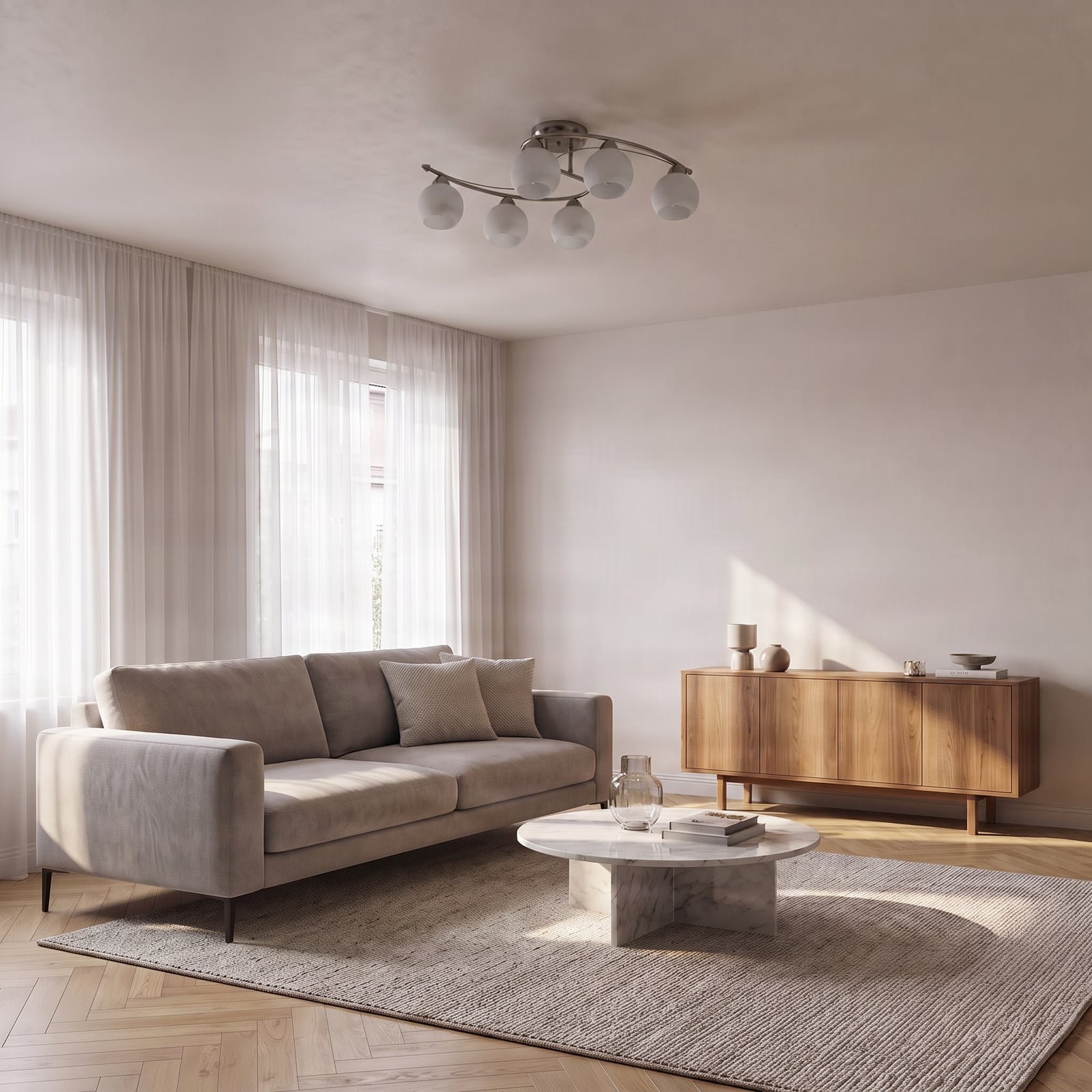 Lindby plafondlamp Svean, 6-lamps, wit, glas, lengte 75cm