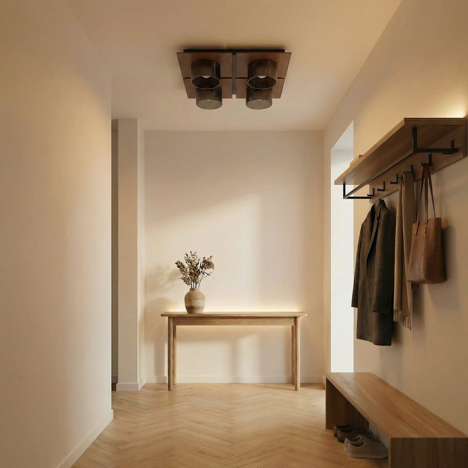 Stropné LED svetlo Lucande Eiko, 42 cm, orech/dymovo šedá, sklo