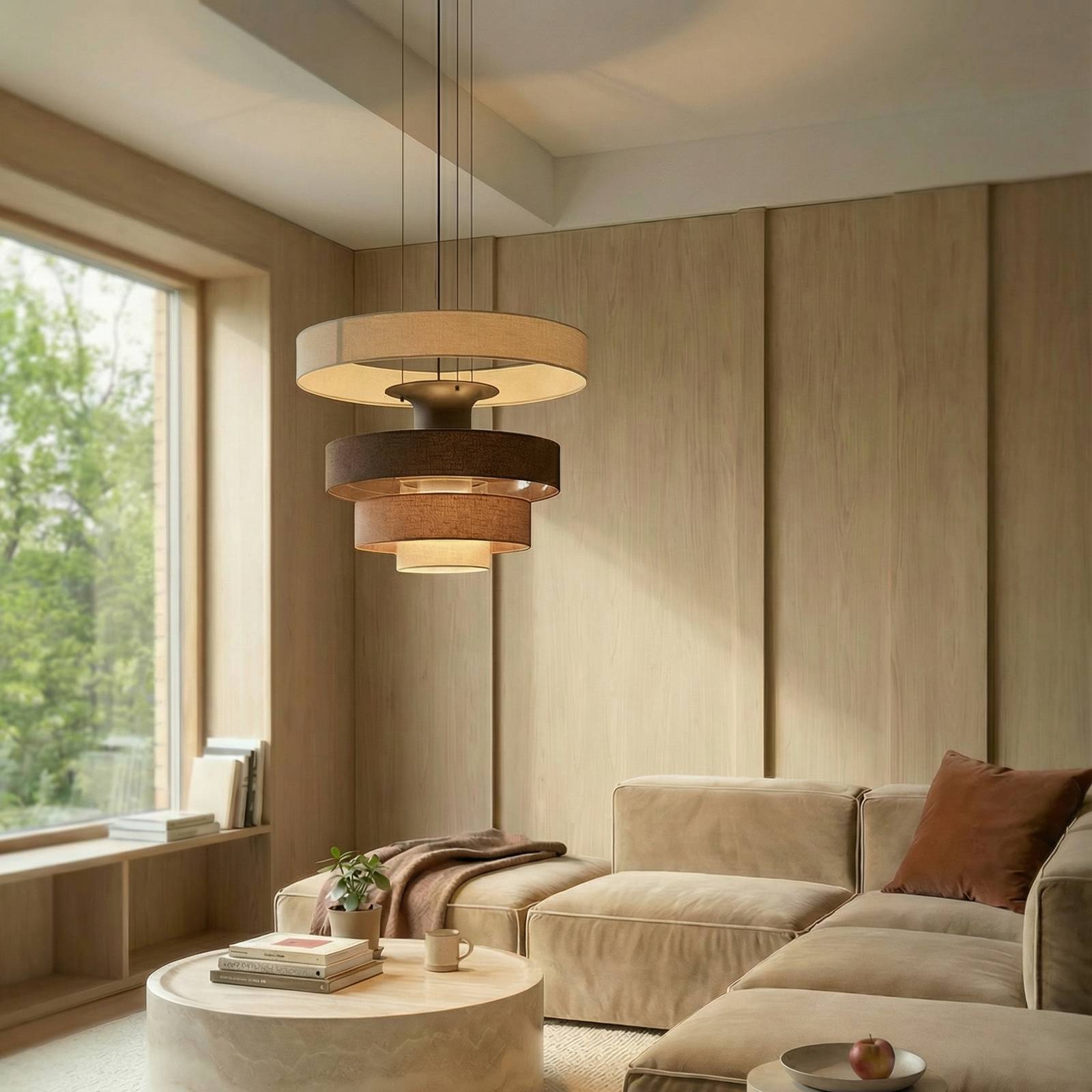 Żyrandol LED Lucande Peldano, Ø50 cm brązowo-beżowy, step-dim