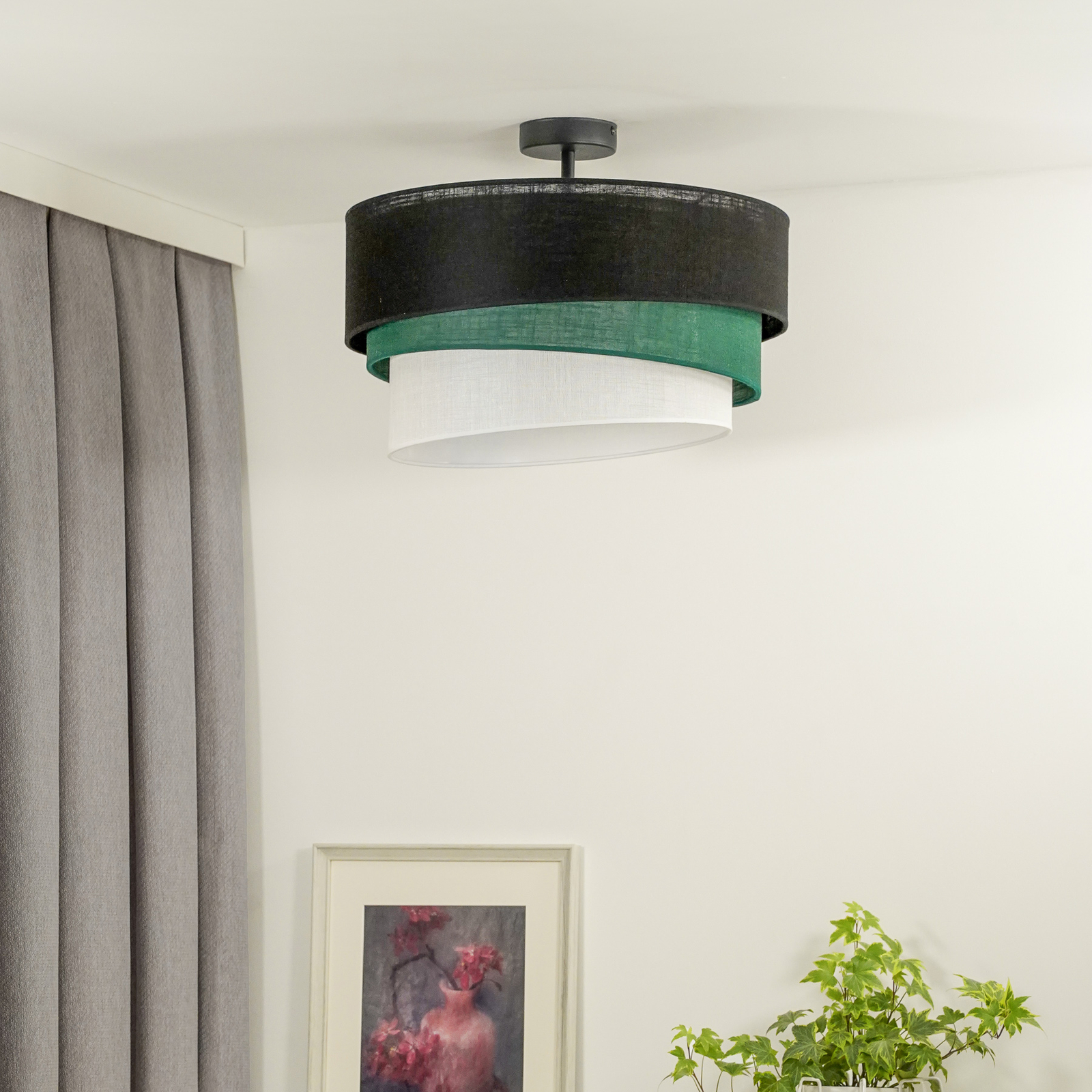 Euluna loftslampe Trio, sort/grøn/hvid, tekstil, Ø 45 cm