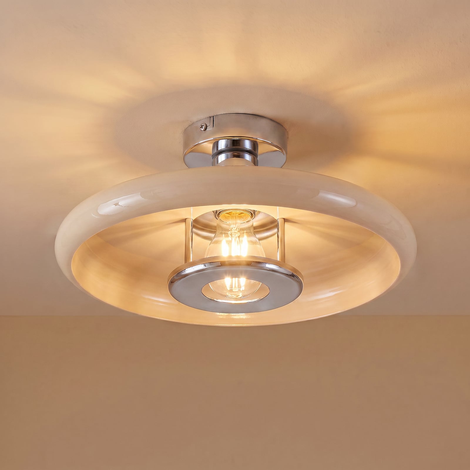 Plafonnier Lindby Branford, rétro, Ø 35 cm, beige, métal