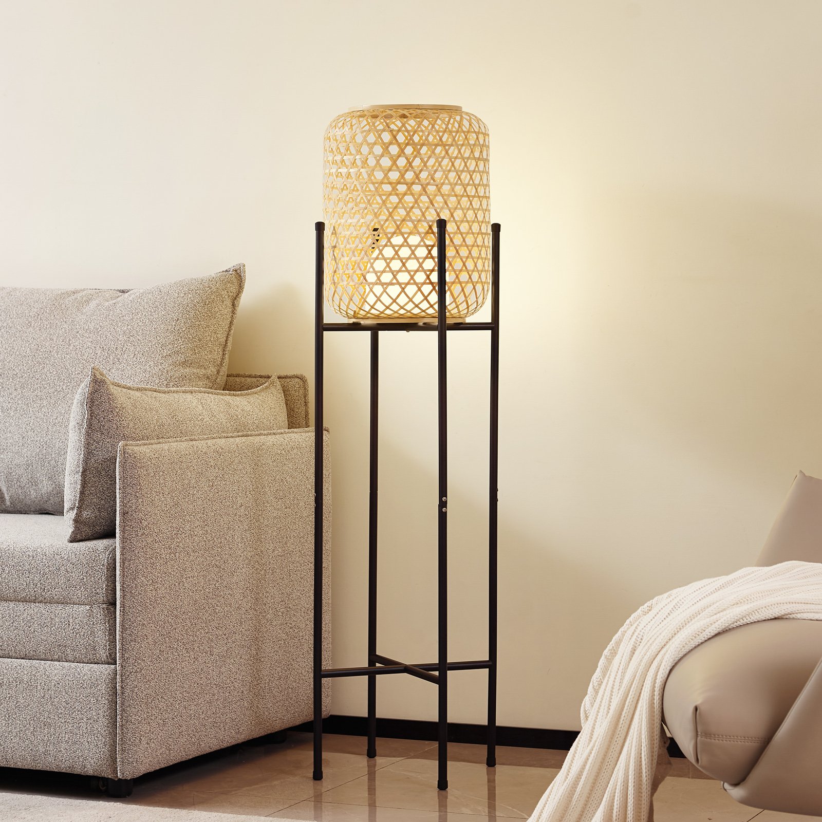 Lucande LED rechargeable floor lamp Adebi, black, bamboo, Ø32.5cm