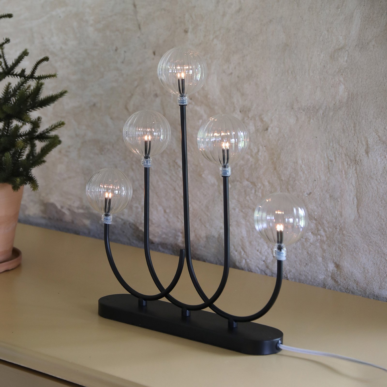 LED-Kerzenhalter Enys, schwarz/klar, Eisen/Glas, 5-flammig