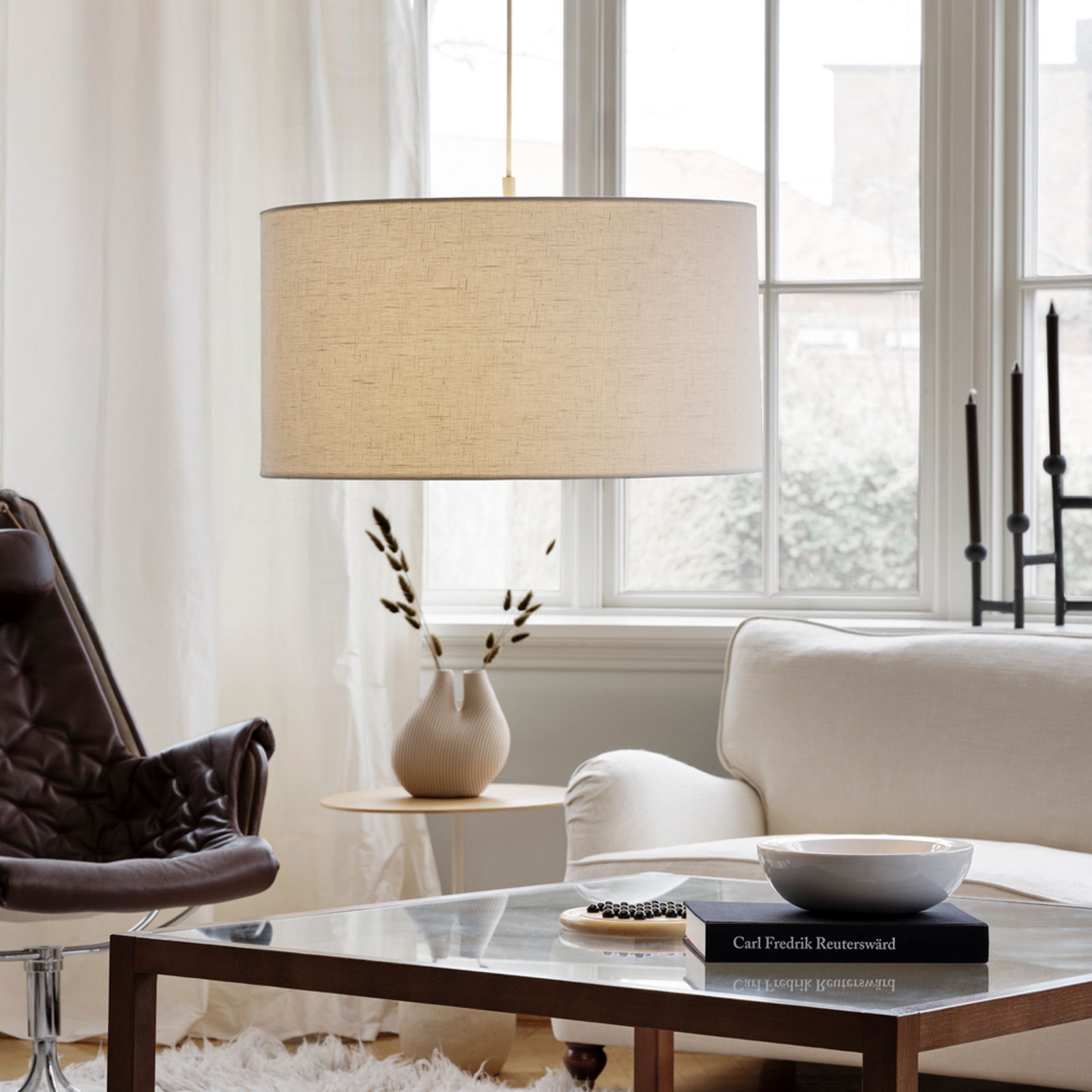 Lampada a sospensione Soft, Ø 60 cm, bianco/sabbia, lino, a 3 luci - Belid