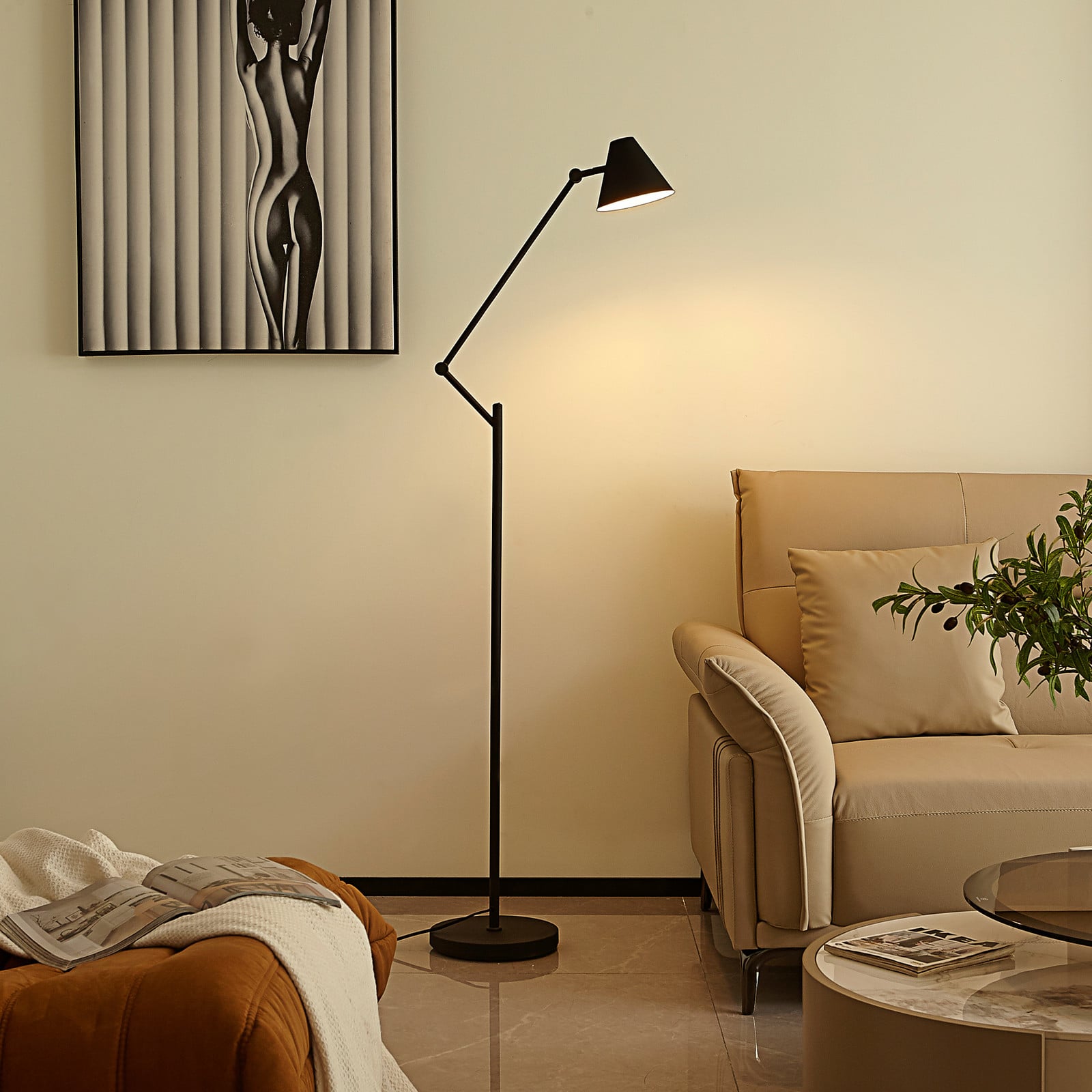 Lucande lampadar Phina alb/negru reglabil E27 - Camera de zi / sufragerie - modern - nisip negru alb - Metal