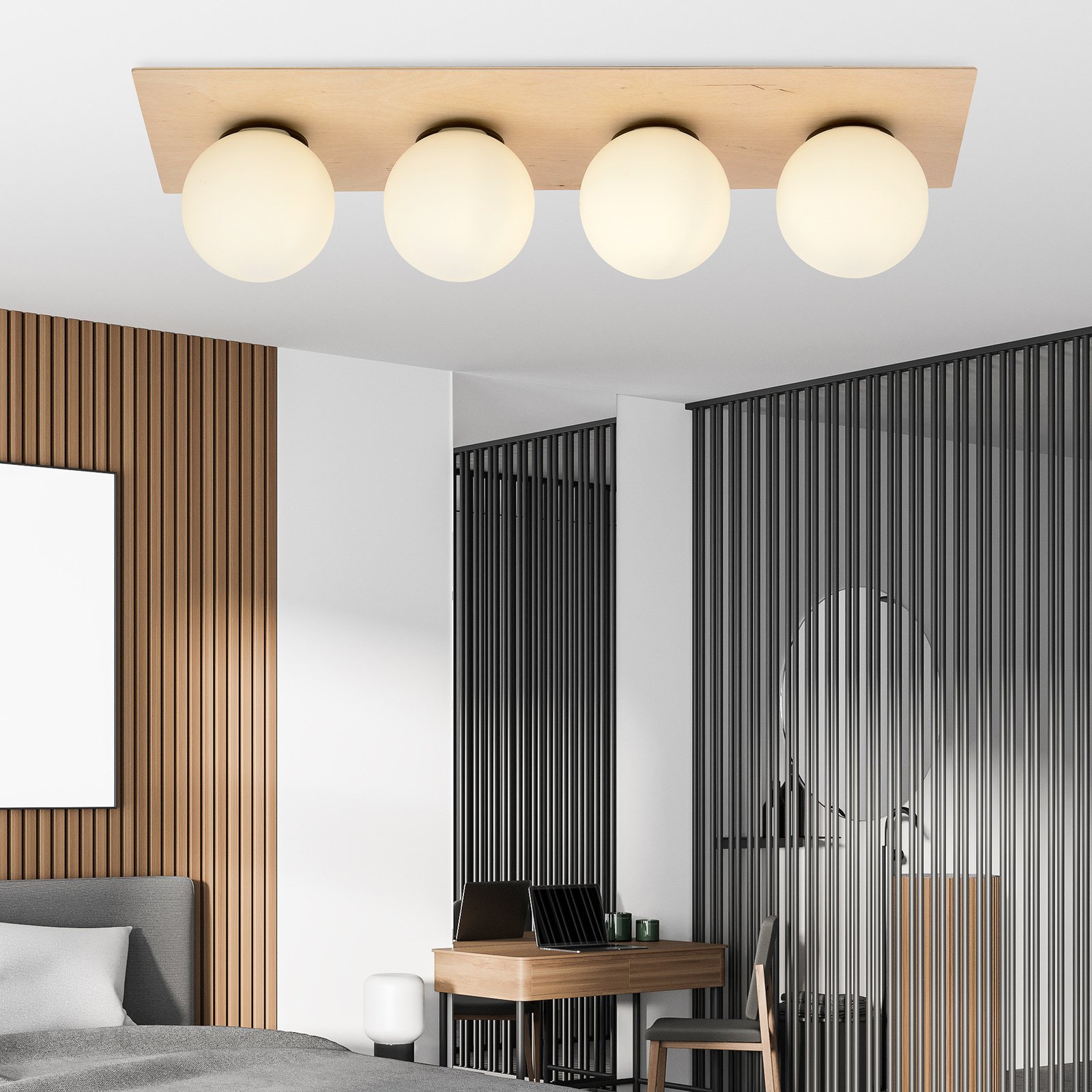 Kenzo ceiling light, angular, brown/white, 4-bulb