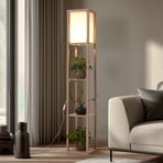 Lámpara de pie Lindby Birta, color madera/blanco, estantería, madera