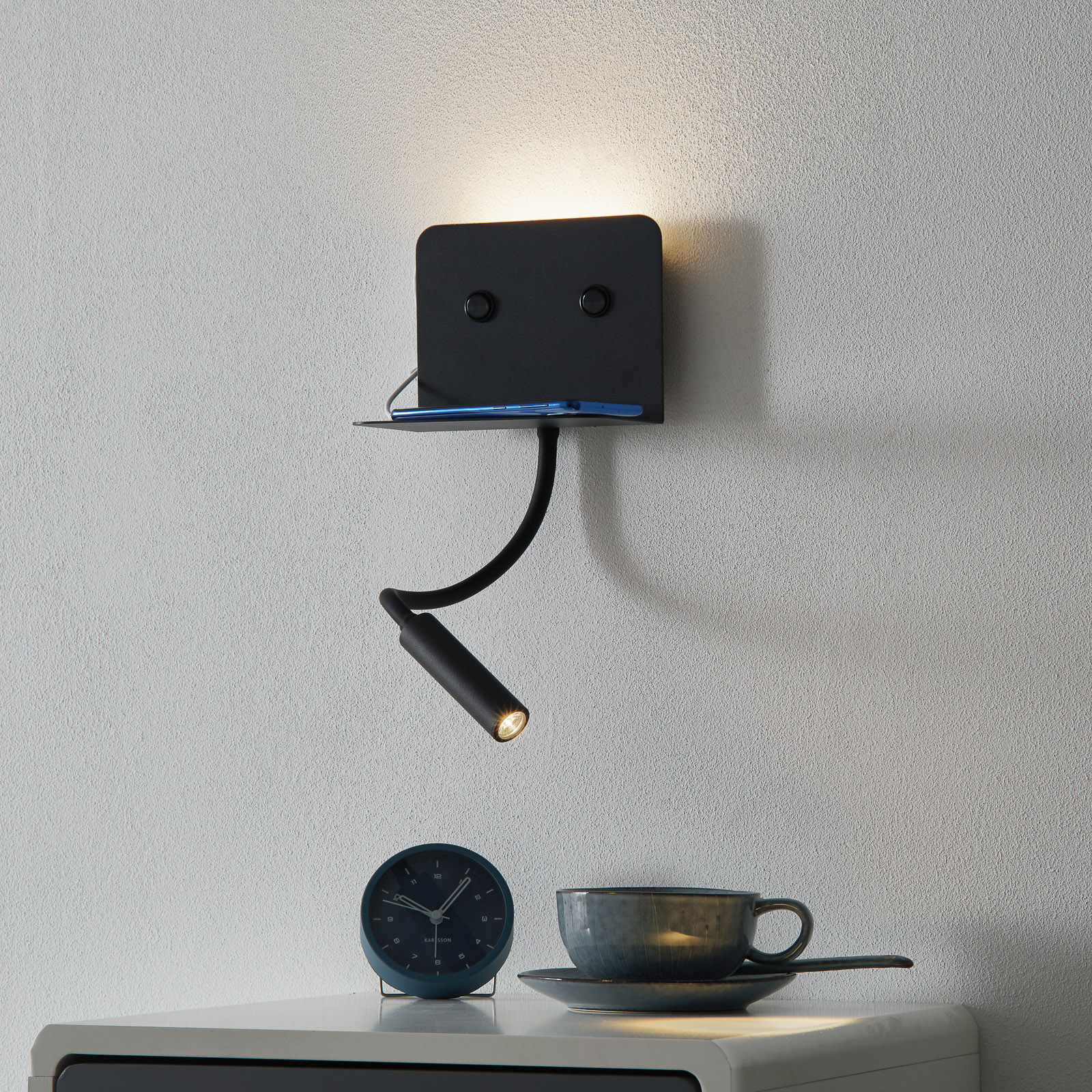Perenz LED wall lamp level, reading + USB port black, for Bedroom, metal, rubber, 9 W, energy efficiency: A, W: 16 cm, H: 12.5 cm