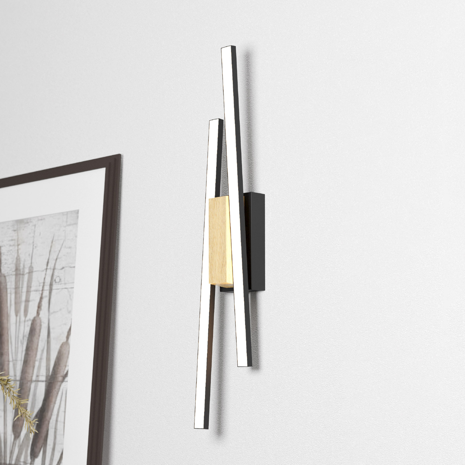 Aplique LED Panagria, negro con detalles de madera