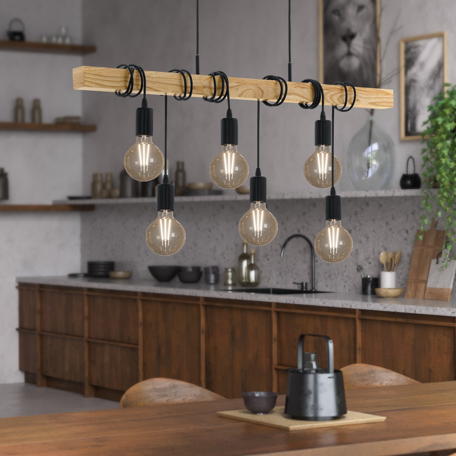 Pendellampe Townshend mit Holz, sechsflammig Pendellampe Townshend mit Holz, sechsflammig