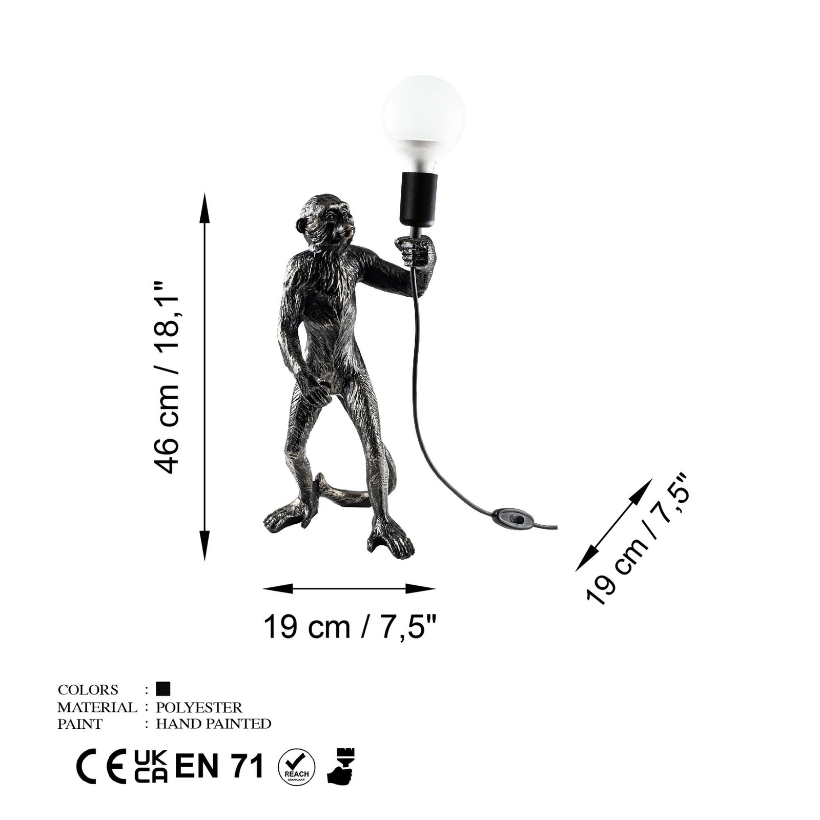 Singe bordlampe, sort, polyester, højde 46 cm, abefigur