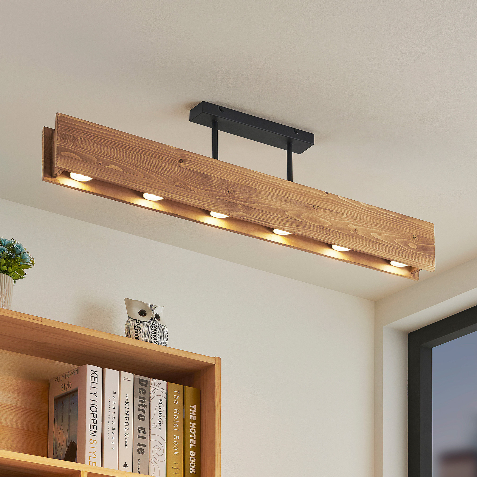 Lindby Malwin houten plafondlamp lang 6-lamps GU10