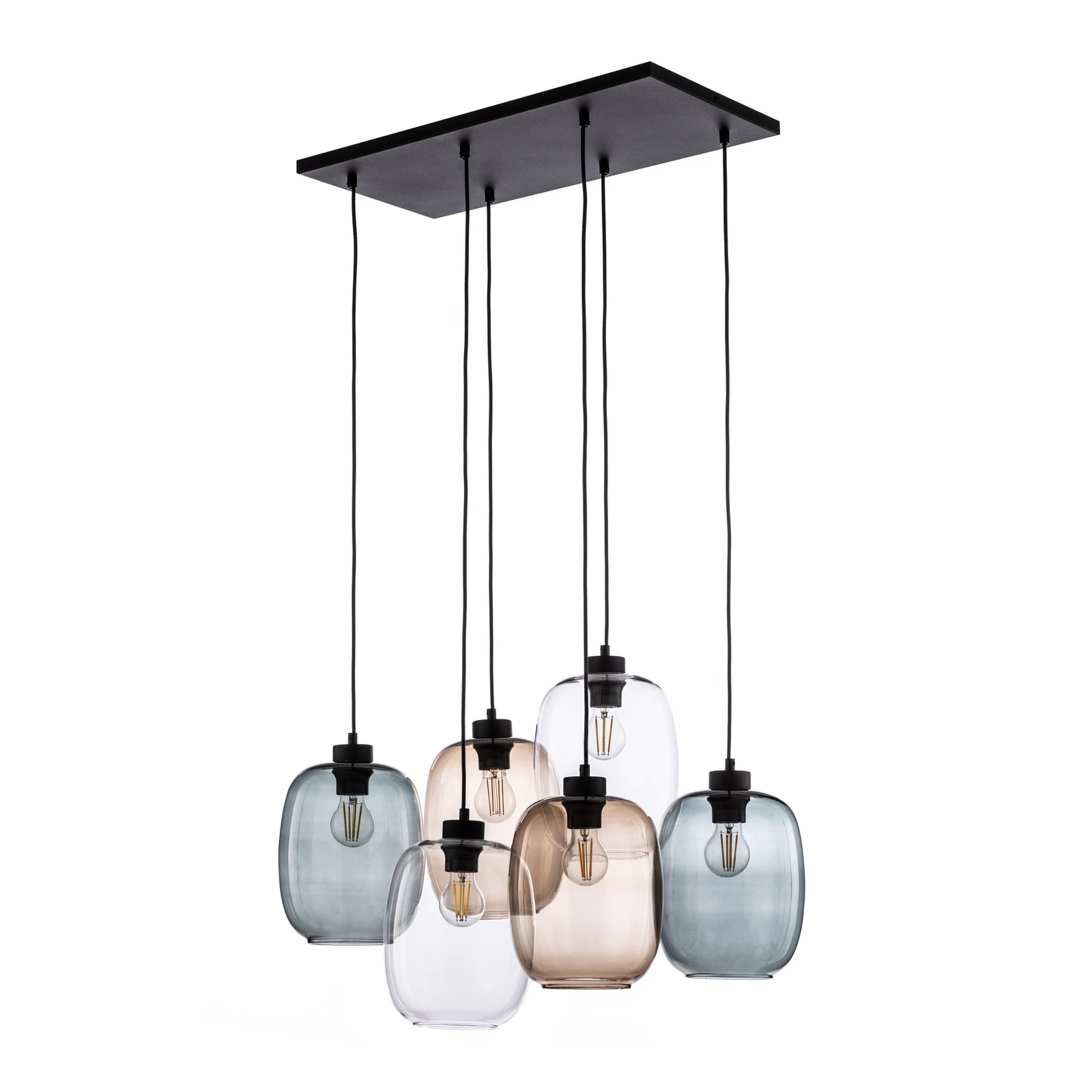 Suspension Elio, verre, marron/clair/gris, 6 lampes rectangle