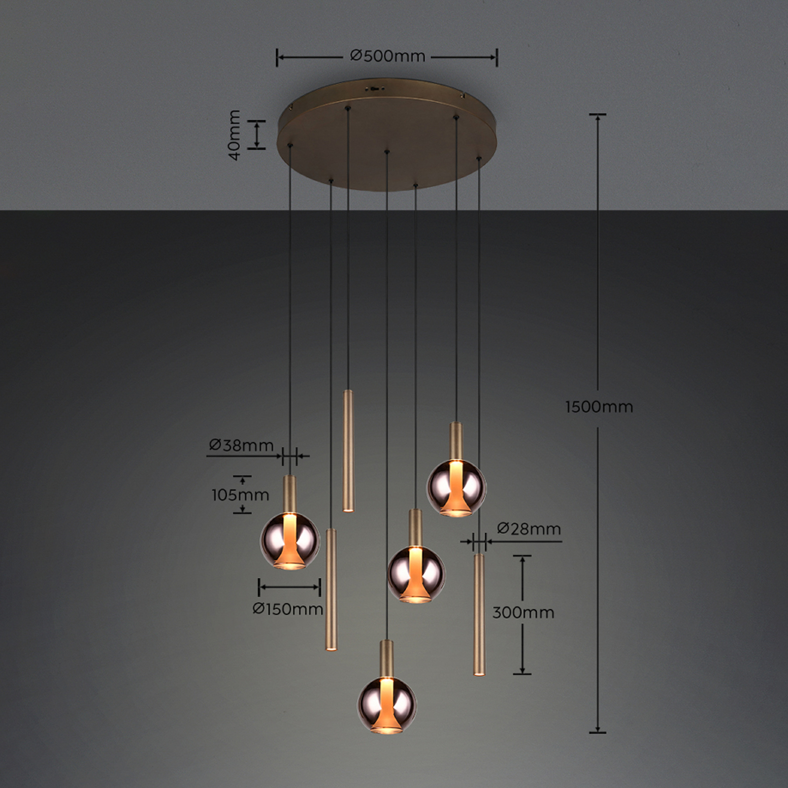 LED висяща лампа „Меларо“, Ø 59 см, платинен цвят, метал/стъкло, CCT, 7-лампова LED висяща лампа „Меларо“, Ø 59 см, платинен цвят, метал/стъкло, CCT, 7-лампова