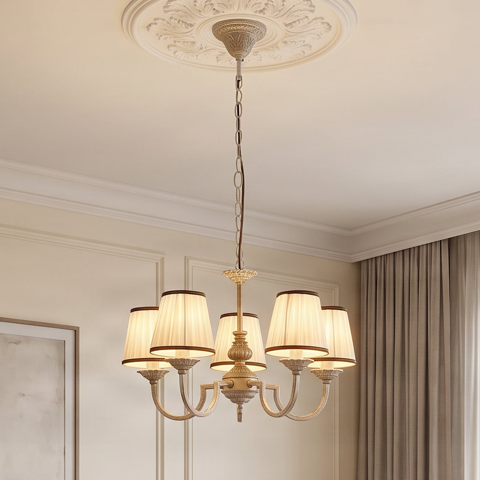 Lindby kroonluchter Lumiel, 5-lichts, crème/messing, textiel