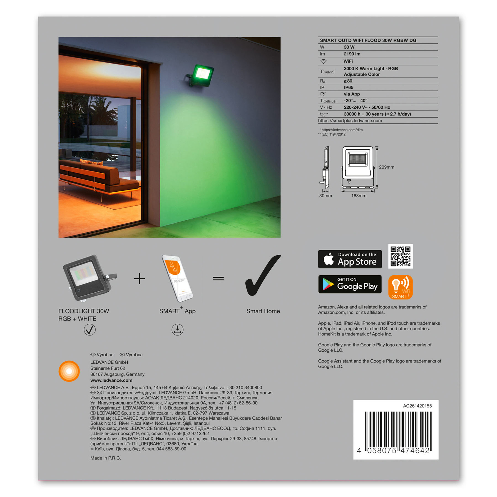 LEDVANCE SMART+ WiFi Floodlight, RGBW, harmaa, 30W