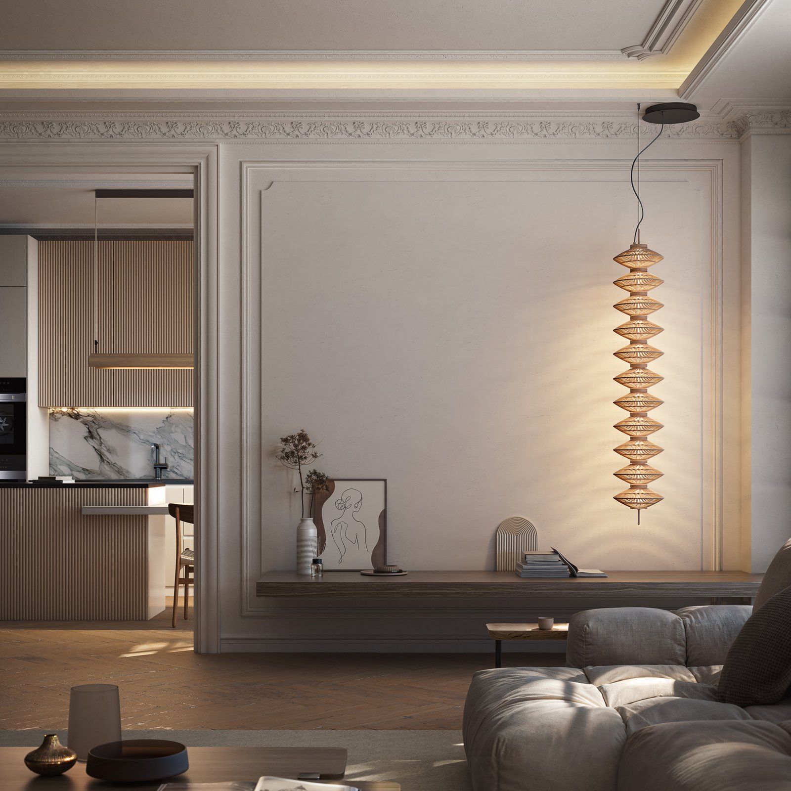 Bover LED hanglamp Yuyun S/11L, dimbaar 0-10V, beige