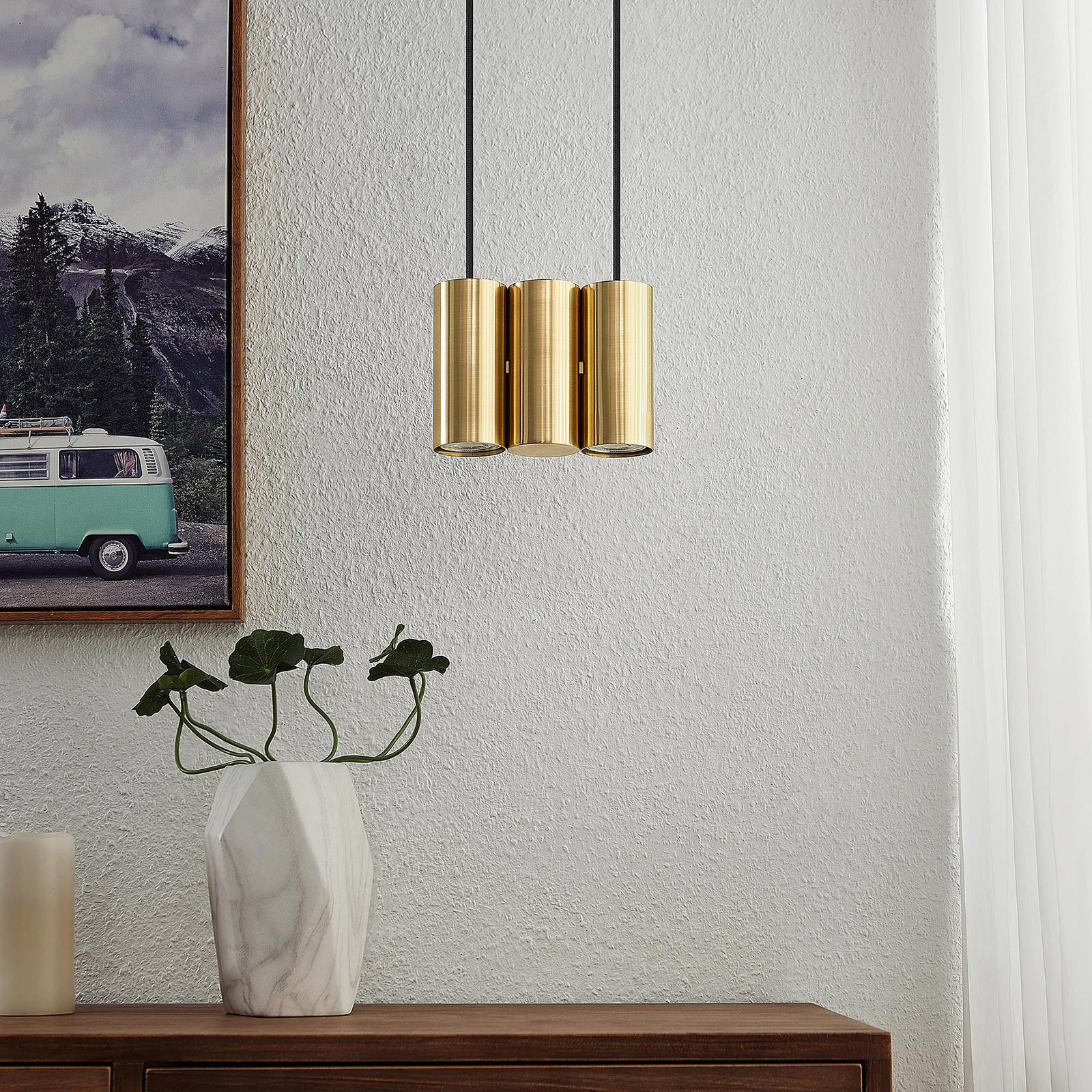 Lucande Cesur hanging light, 3-bulb, brass