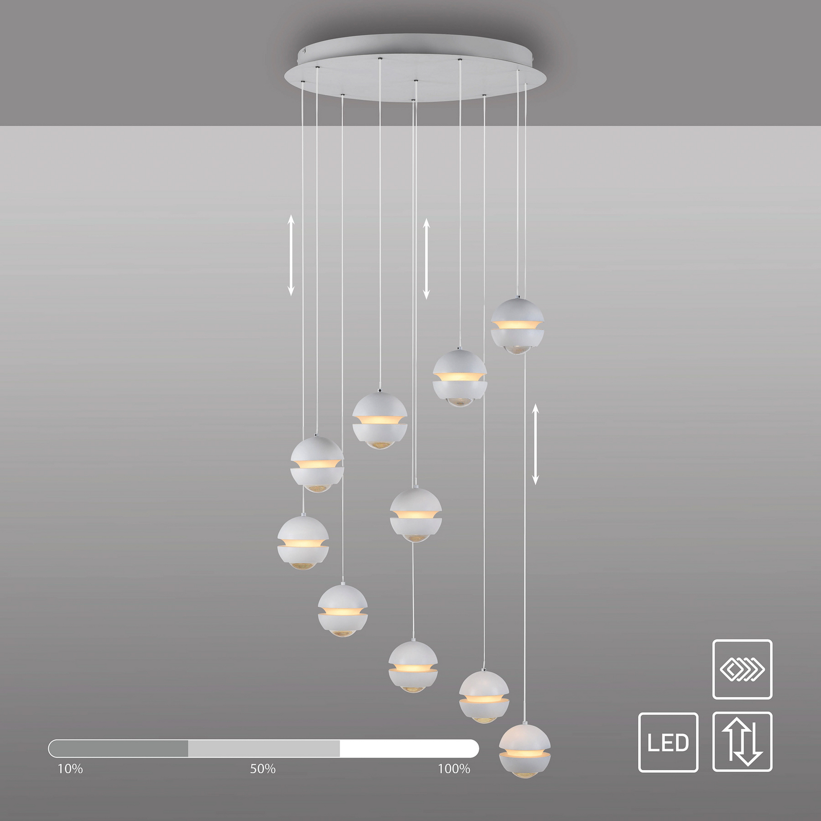 Schöner Wohnen LED pakabinama lempa Lini balta 10-fl. apvali, 3000 K Schöner Wohnen LED pakabinama lempa Lini balta 10-fl. apvali, 3000 K