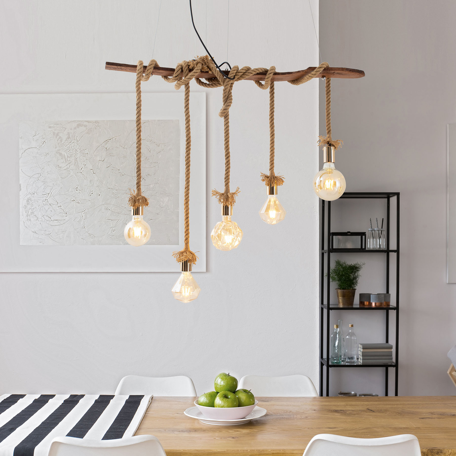 Rope hanging light, five-bulb, wood and jute