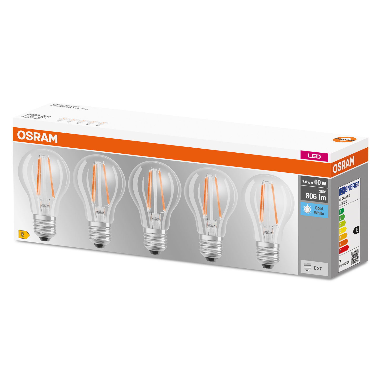 OSRAM LED bulb E27 base CL A 7 W 4,000 K clear 5x