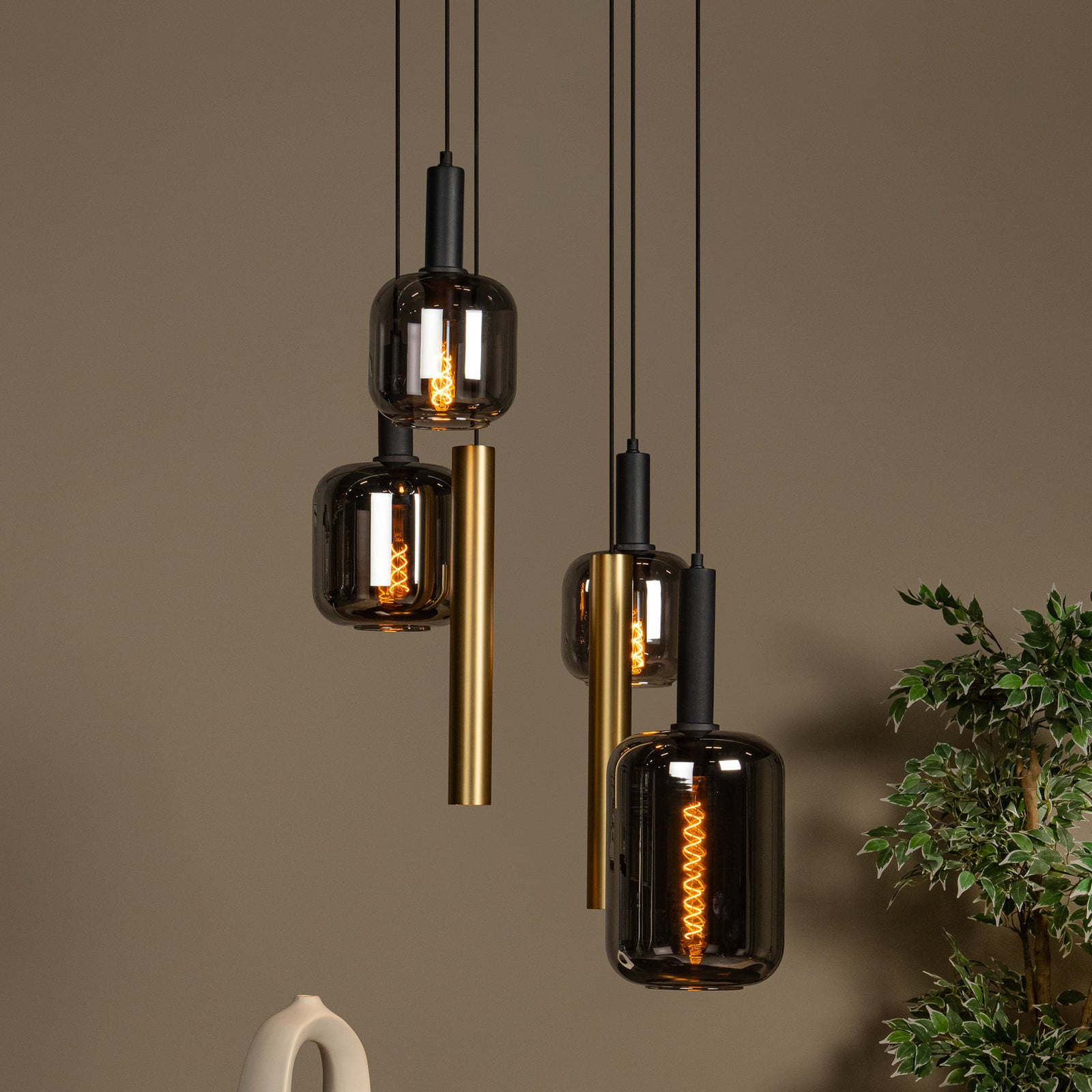 Lucide Lampă suspendată Joanet Ø 65 cm fum/alamă Sticlă/metal 6 becuri. - Camera de zi / sufragerie - gri fumuriu alamă