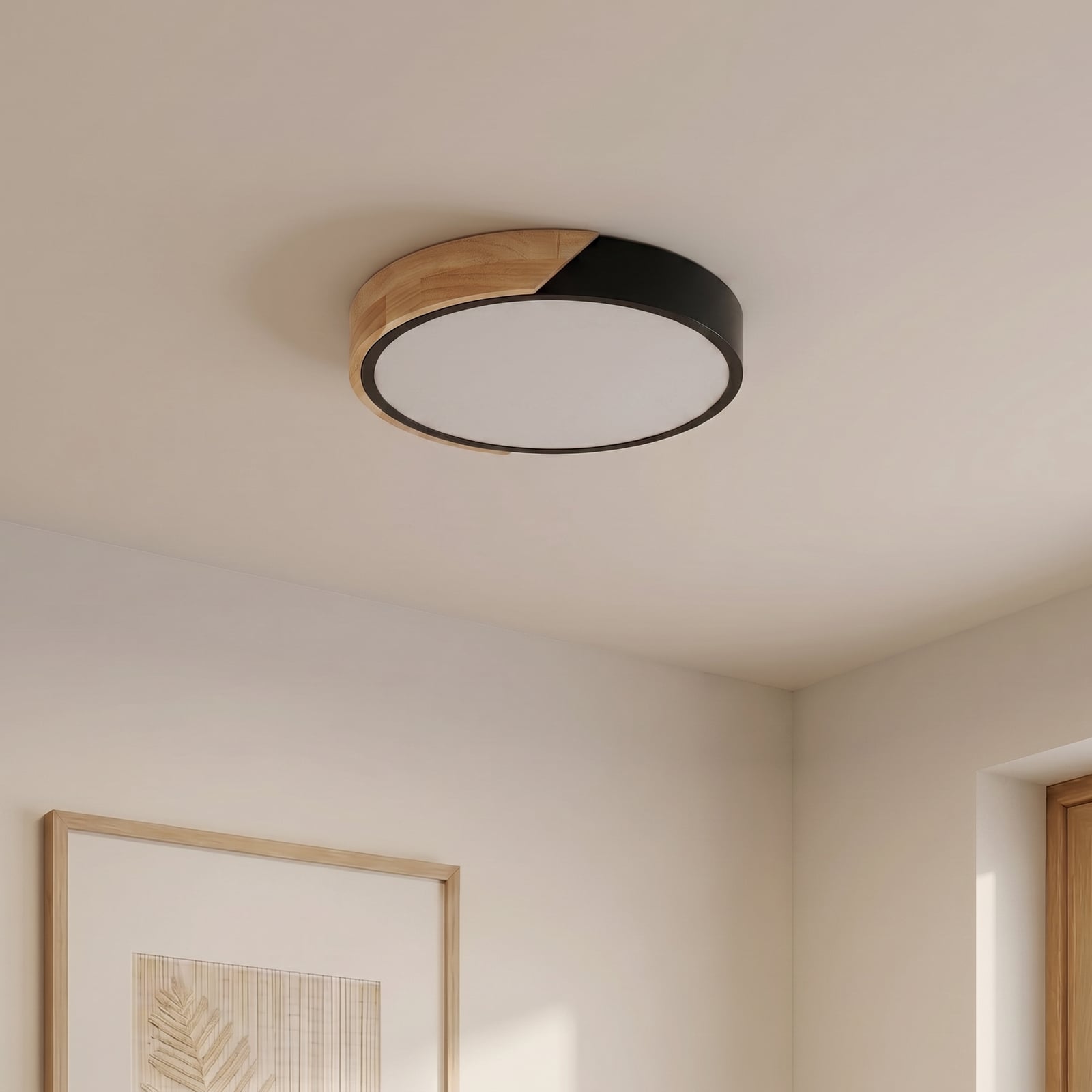 Plafón LED Lynorri de PRIOS, Ø 32 cm, negro, acabado en madera Plafón LED Lynorri de PRIOS, Ø 32 cm, negro, acabado en madera