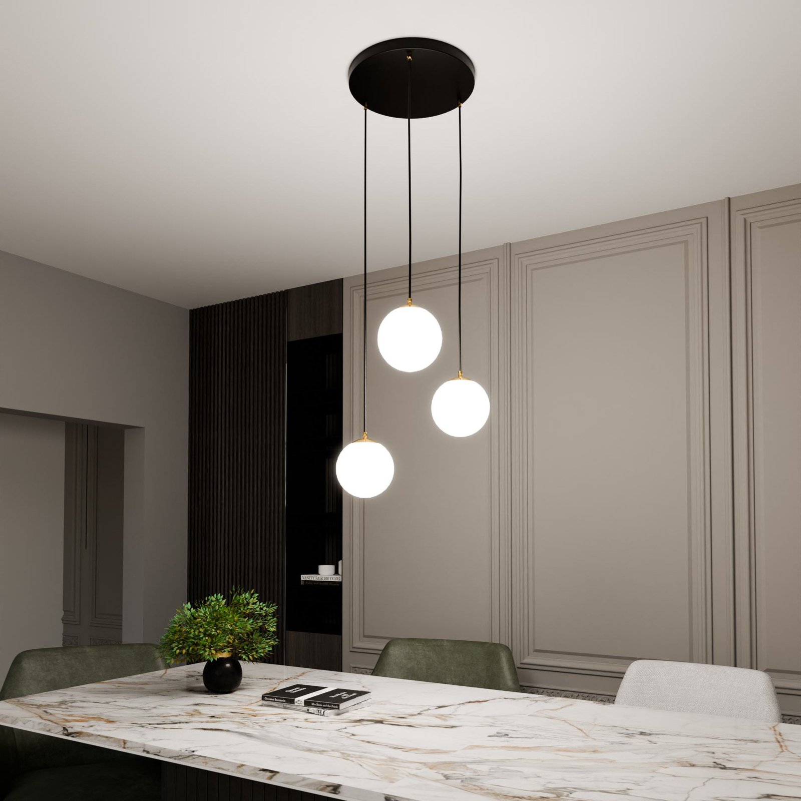 Suspension Royal, 3 lampes, blanc opalin/noir, verre, E14