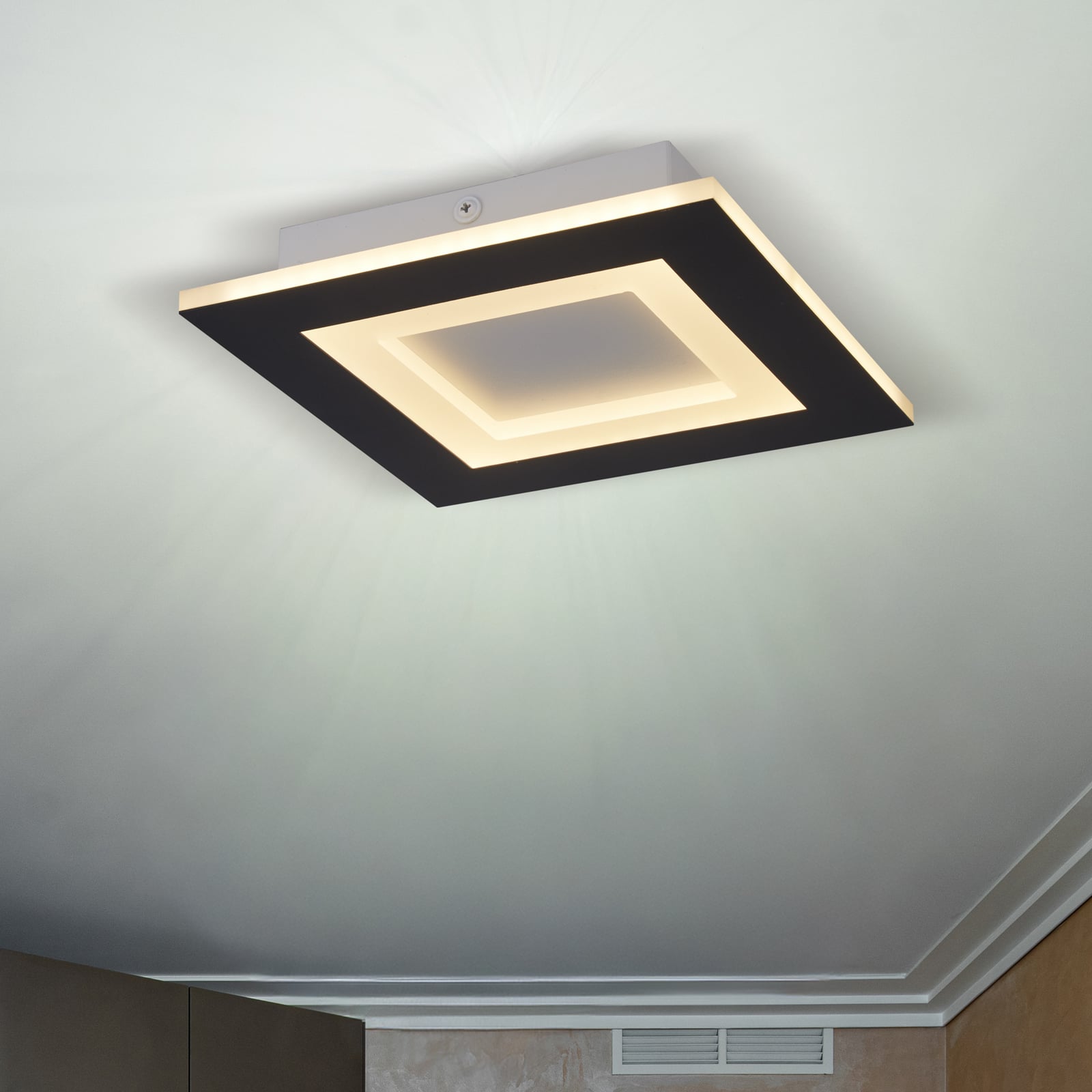 Squary LED ceiling lamp, length 39 cm, black and white iron, CCT