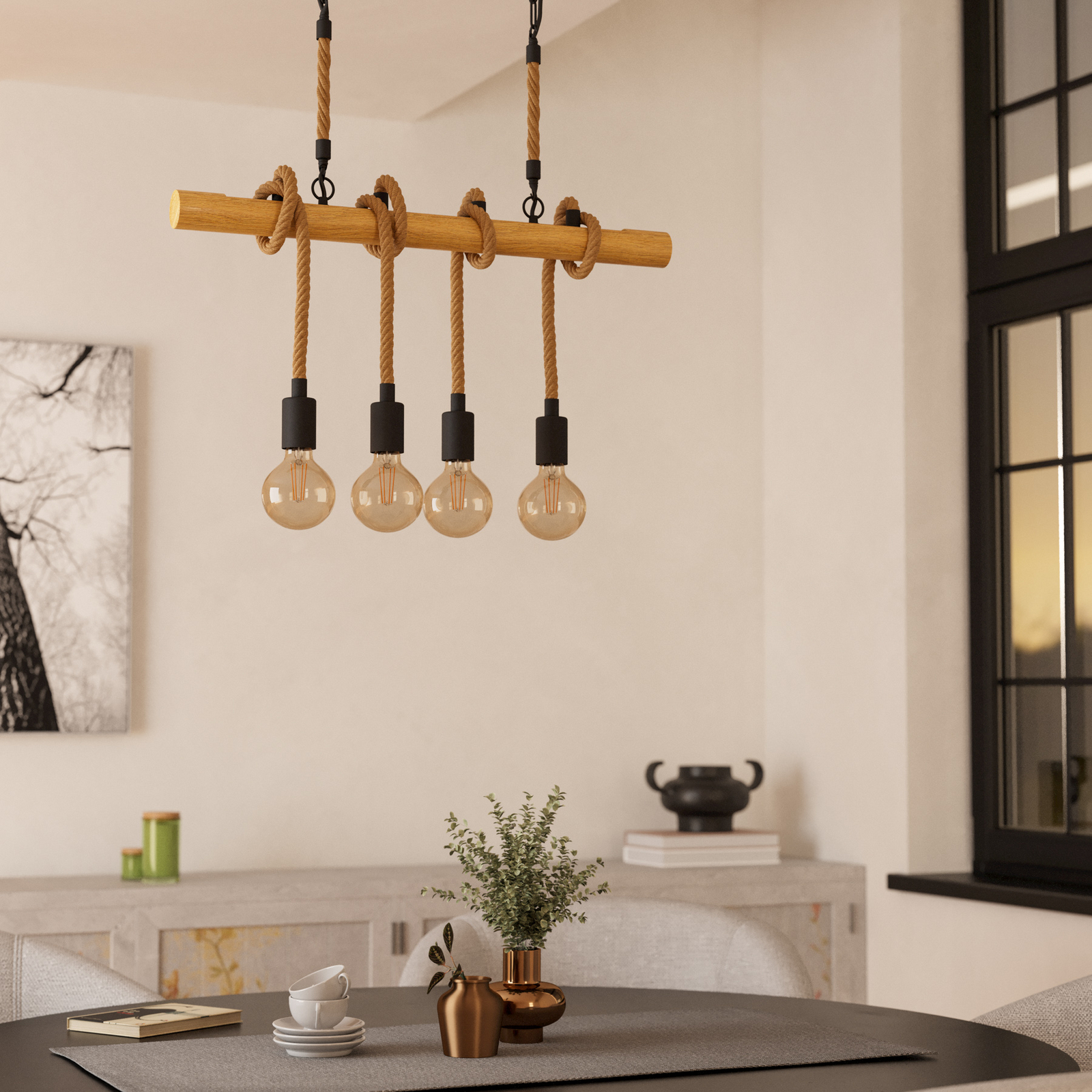 Youngstown hanglamp, lengte 70 cm, zwart/bruin, 4-lamps.