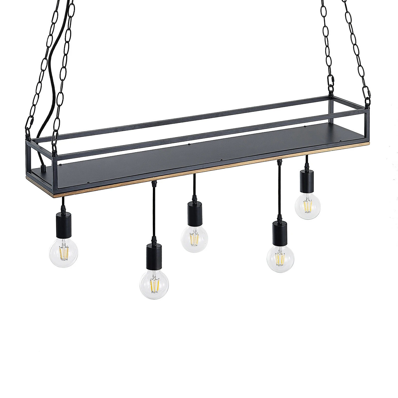 Lindby Závesné svietidlo Kirista, 5-pl., čierna/drevená, 100 cm, E27